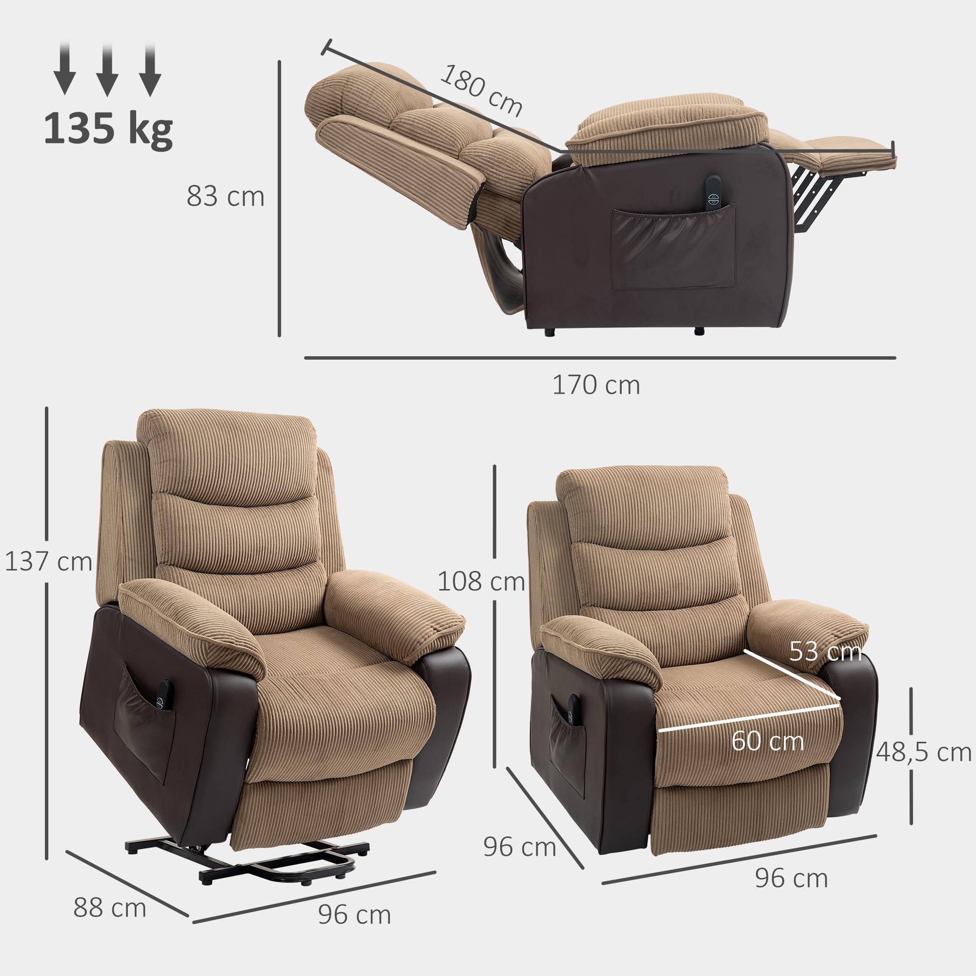 HOMCOM Sillón Relax Reclinable Eléctrico Levanta Personas, Sillón Elevador, con Puerto USB, Control Remoto, Reposapiés, Tapizado en Pana, Bolsillos Laterales, Marrón