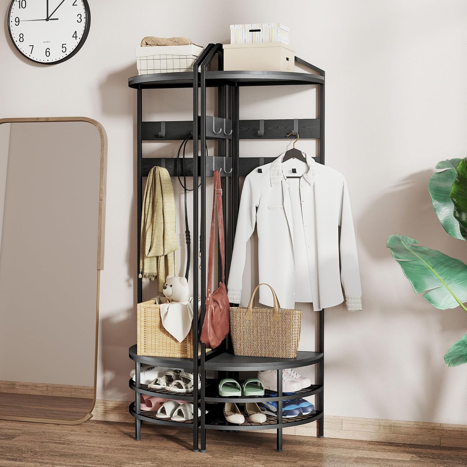 HOMCOM Corner Hall Tree, Industrial 4-Tier Coat Rack with Shoe Storage, 8 Movable Hooks and 2 Storage Shelves, Freestanding Entryway Coat Rack with Steel Frame for Hallway, Black