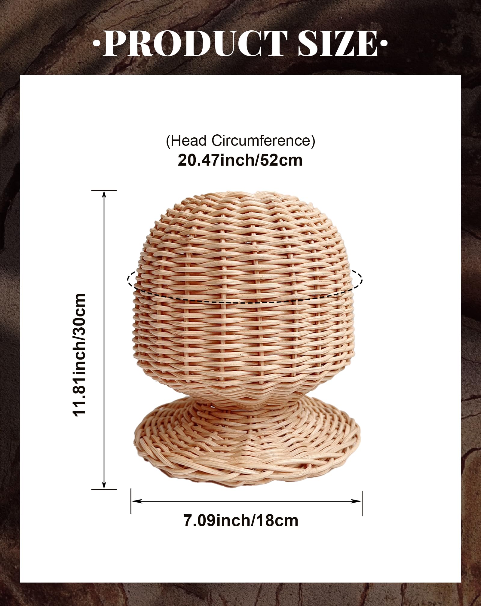 TINGSING Rattan Mannequin Head Stand Hat Wig Display Holder Hair Stylist Demo Cap Rack, Handmade Wicker Showcase - Image 3