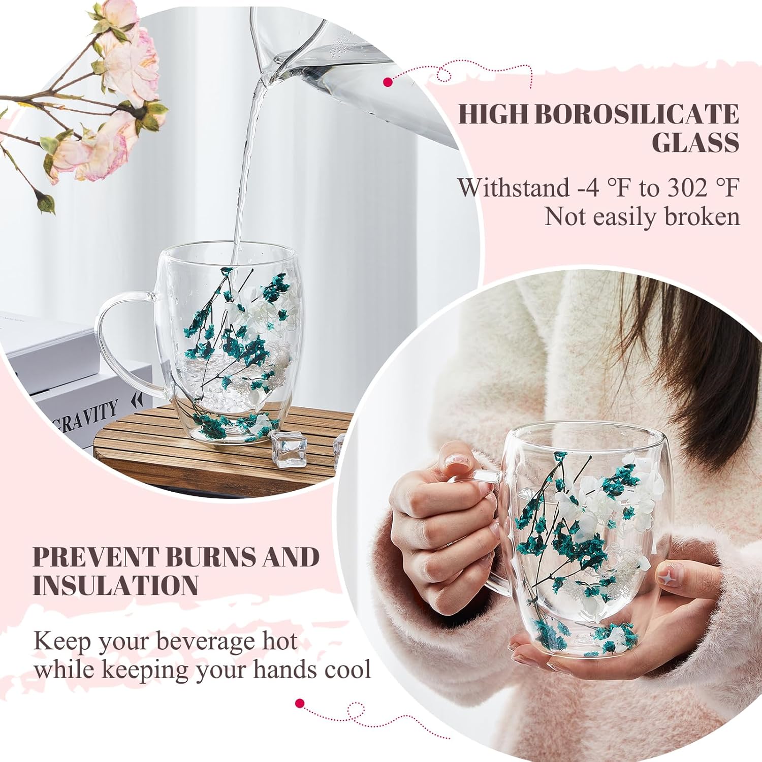 Rtteri 2 Pcs Double Wall Glass Coffee Mugs Clear Flower Coffee Mug with Handle 350 ml Creative Insulated Heat Resistant Coffee Cups for Tea Cappuccino Espresso Latte (Blue Flowers, Purple Flowers) - Image 4