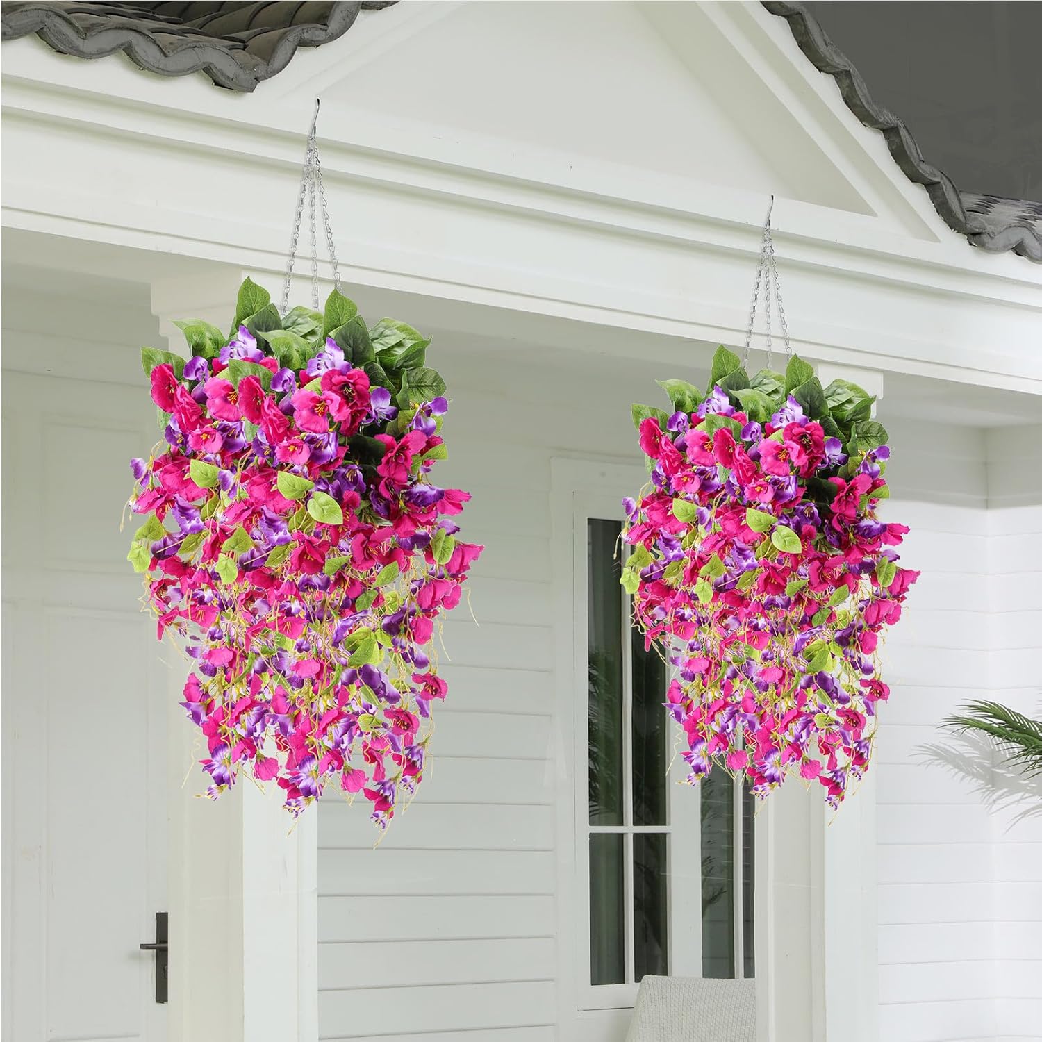 XunYee 4 Pcs Artificial Fake Hibiscus Hanging Flowers for Spring Decor Outdoor Wedding Vine Plant Flowers Trailing Vines Realistic UV Resistant Plants for Front Door Porch (Rose Red Purple)