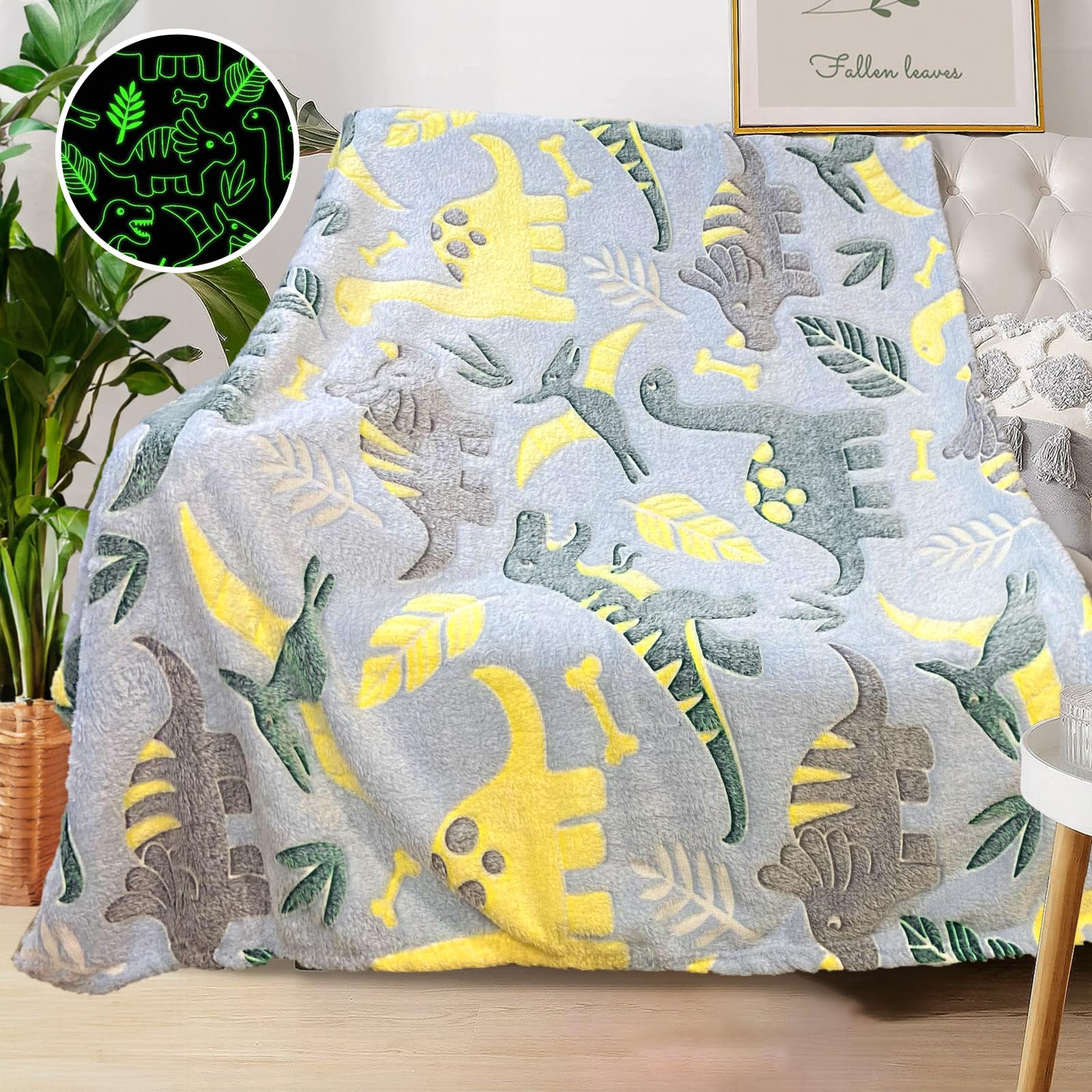 Dinosaur Glow in the Dark Blanket for Boys & Toddlers, 50"x 60" Soft Fleece Throw