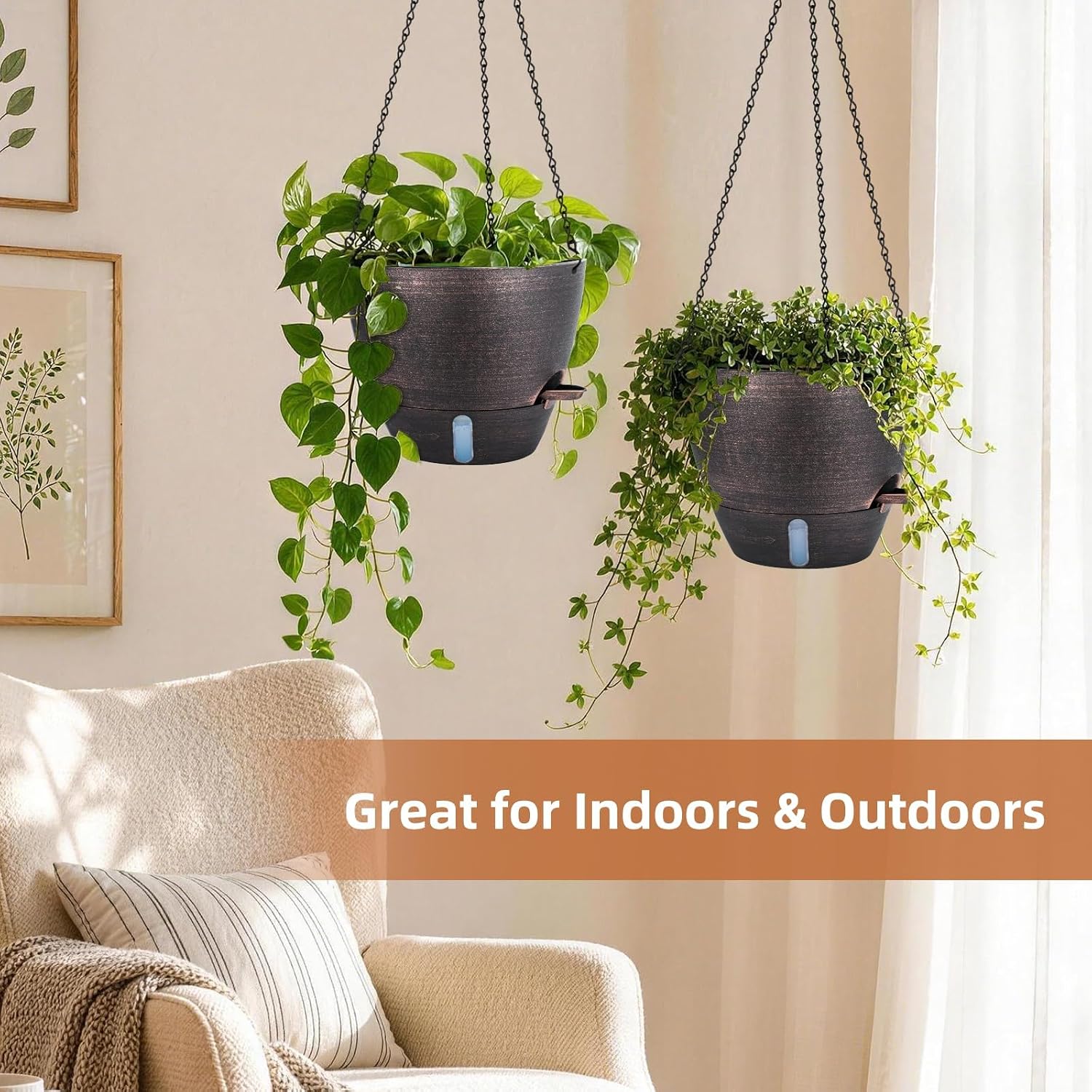 ZMTECH 10 Inch Self Watering Hanging Planters for Indoor Plants, Gold Bronze Hanging Baskets for Outdoor, Water Level Indicator & Removable Reservoir for Garden Porch Home Decor（2 Pack）