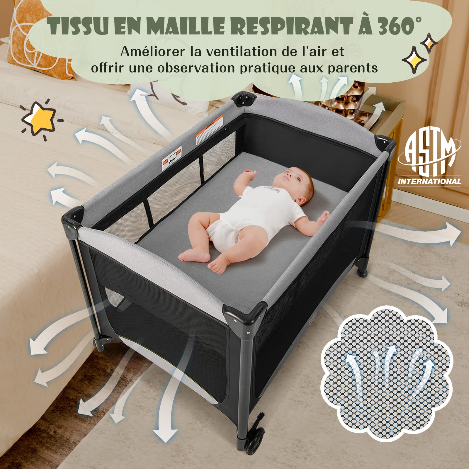 DREAMADE 5 en 1 Lit Parapluie Bébé 110x78x78CM avec Matelas&Berceau Amovible Lit de Voyage Bébé 0-3 Ans avec Porte-Couche,Table à Langer,roulettes avec Freins (Nior1)