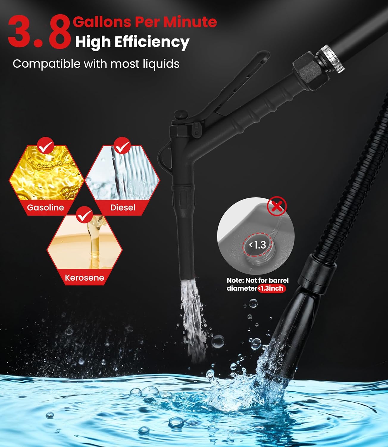 Electric Fuel Transfer Pump with Hand-Stop, USB Charging 3.8GPM 51" Hose 4 Size Adapters Gas Can Pump with for Gasoline, Diesel, Kerosene, Black 2nd Gen, Gifts for Men Dad