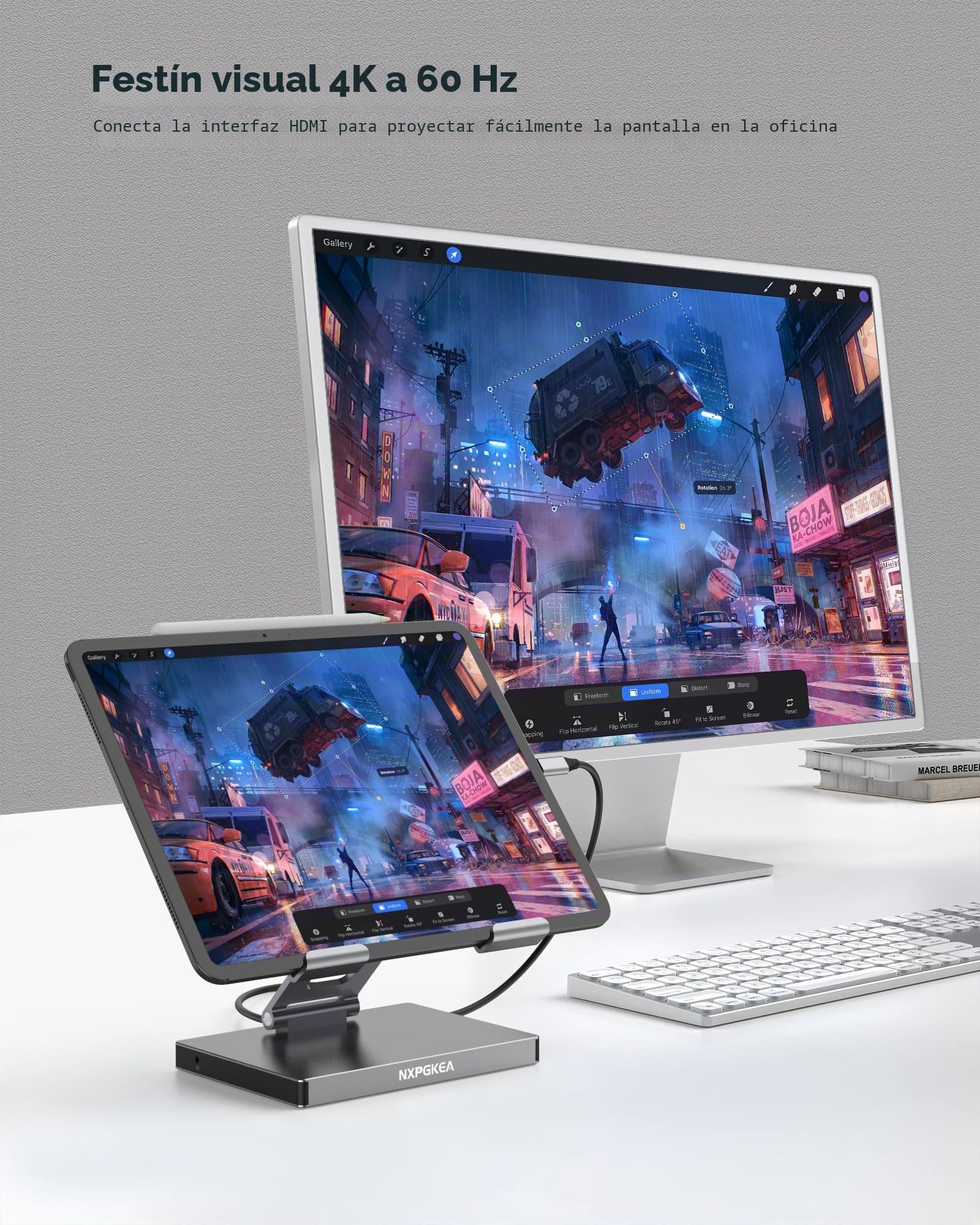 NXPGKEA- Soporte Hub USB C para iPad Pro, Adaptador para iPad Pro M4 M2 13 12.9 11 Pulgadas Estación de Acoplamiento Plegable con HDMI 4K 60Hz, RJ45 Gigabit Ethernet, Lector de Tarjetas SD/TF, (ST801)