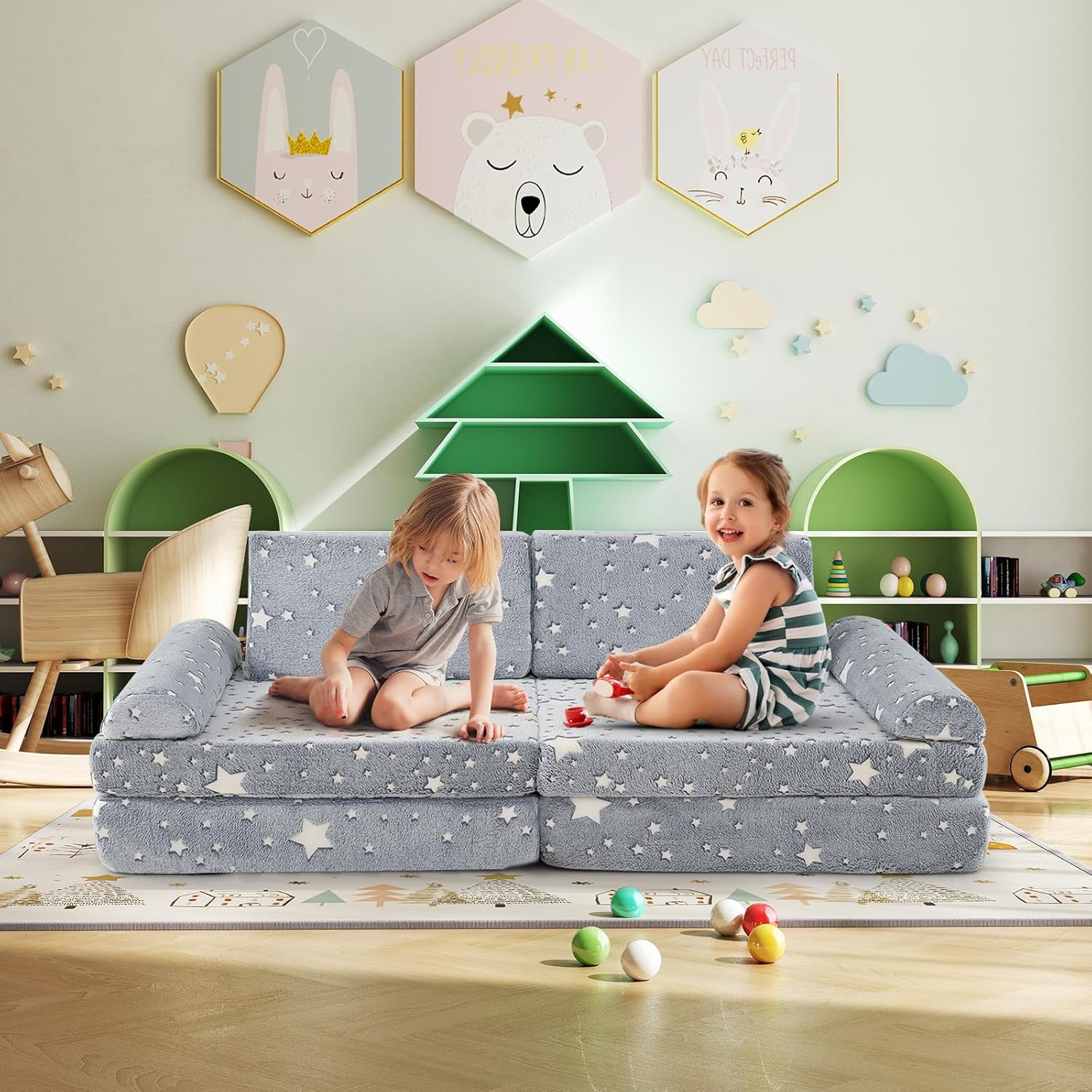 Costzon 8 Pcs Modular Kids Play Couch, Glow in The Dark Toddler Sectional Sofa with Handles, Convertible Sofa Foam Couch for Building Fort, Playroom & Kids Room Furniture (8-pcs,Gray)