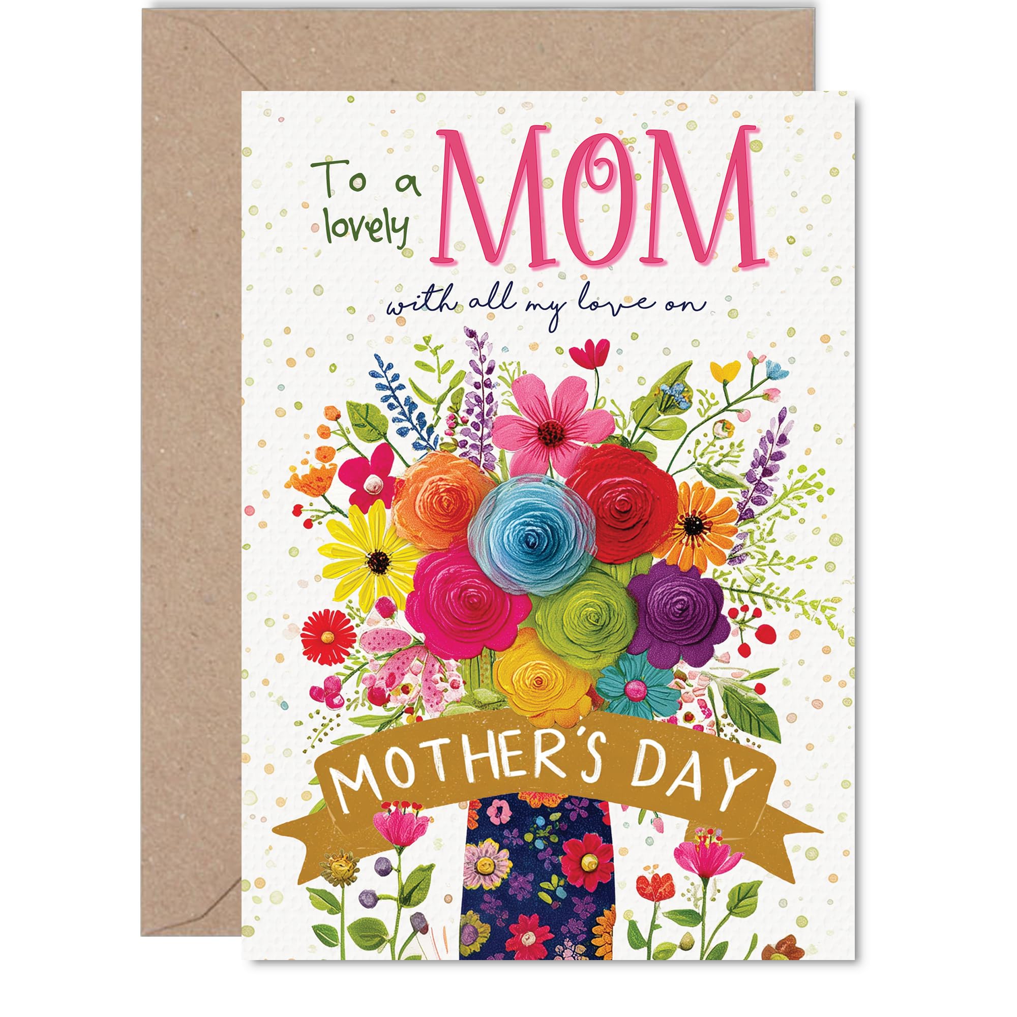 Mom Mothers Day Card - With Love - Happy Mothers Day Card for Mom from Son Daughter, 5x7 Inch Floral Pattern Bday Greeting Cards