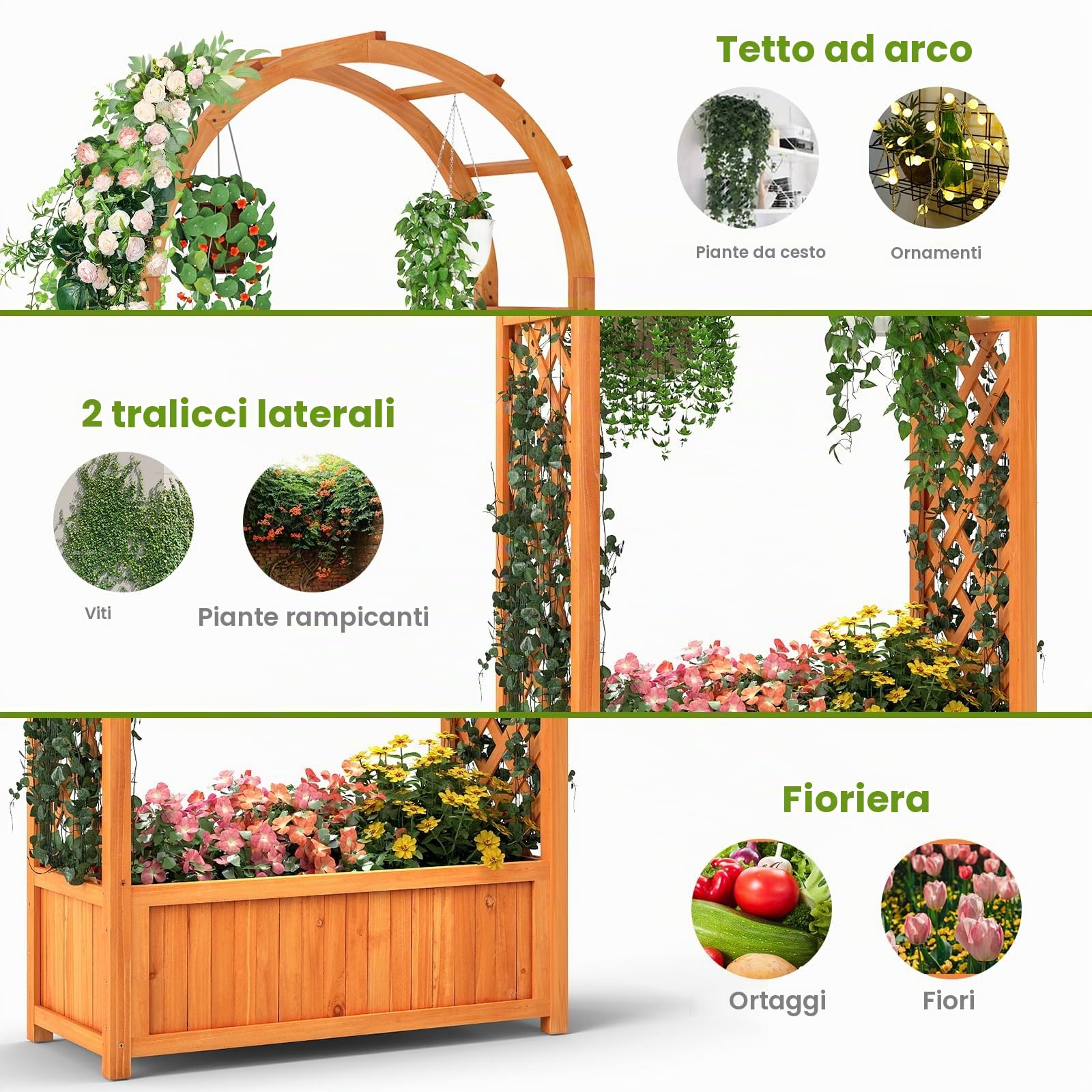 HOMASIS Fioriera con Grigliato a Forma di Cupola, Vaso per Piante da Esterno in Legno di Abete, Orto Rialzato da Giardino per Piante Rampicanti, Cesta Sospesa, 77 x 31 x 22 cm, Arancione