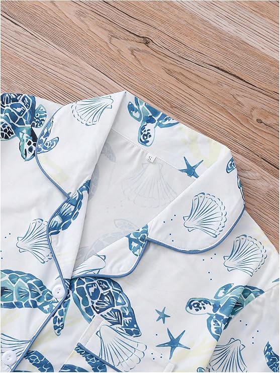 WDIRARA Women's 2 Piece Sea Turtle Graphic Pajama Set Button Down Short Sleeve Shorts Loungewear Pjs Sets
