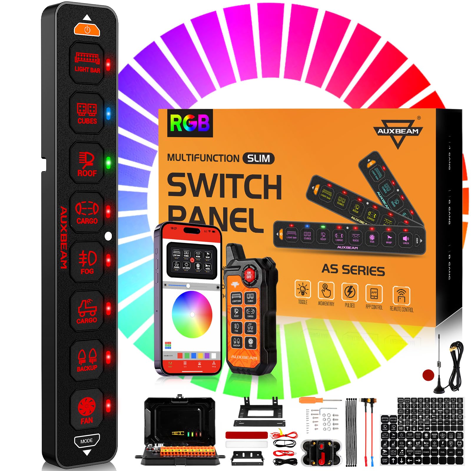 Auxbeam Pannello di commutazione sottile a 8 bande Bluetooth RGB AS-800 con APP e telecomando Toggle Interruttore pulsato momentaneo Pod Off Retroilluminazione per camion fuoristrada UTV ATV Auto
