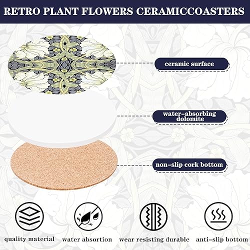Miniatura 3 de AnyDesign - Posavasos de cerámica floral William Morris con base de corcho y soporte de metal para mesa de café, bar, decoración del hogar, regalos