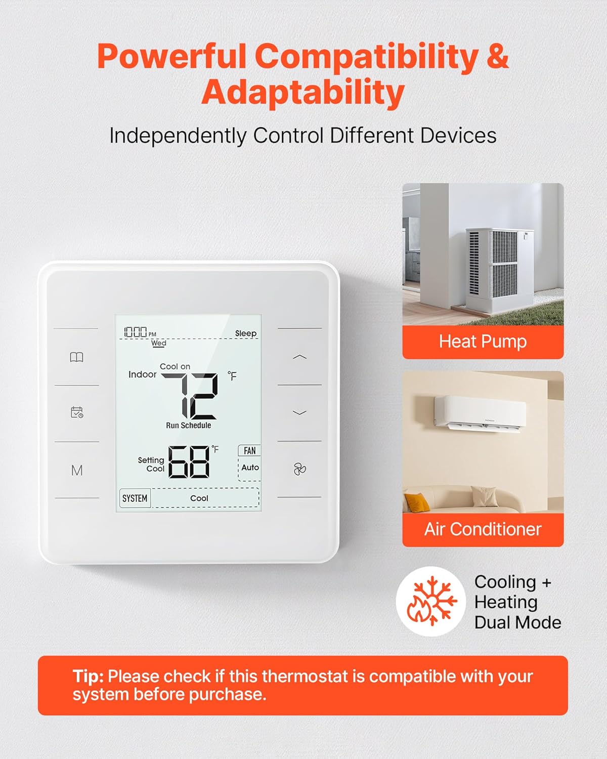 VEVOR 7-Day Programmable Thermostat White - 1Cool+1Heat for Heat Pump & Air Conditioner, LED Backlit Screen, Energy-Efficient, Wide Temperature Range