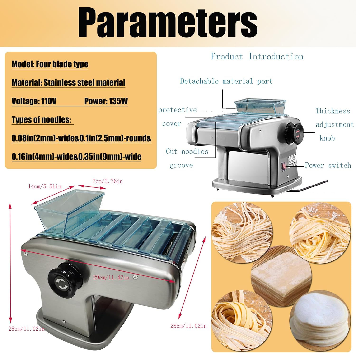 Electric Pasta Maker stainless steel Fresh Pasta Dough Roller Electric Automatic Noodle Machine with 4 Adjustable Thickness Settings Dumpling Wrapper Multifunctional Noodles Maker 110V