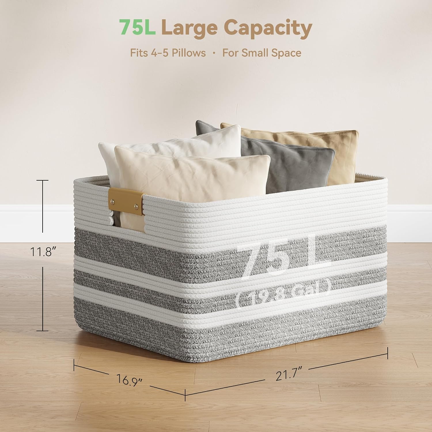 Nunsino 75L Woven Blanket Basket with Leather Handles, Cotton Rope Laundry Basket Hamper,Decorative Nursery Basket Toy Storage Basket for Kids, Living Room, Bedroom, Bathroom,Gray White image 4