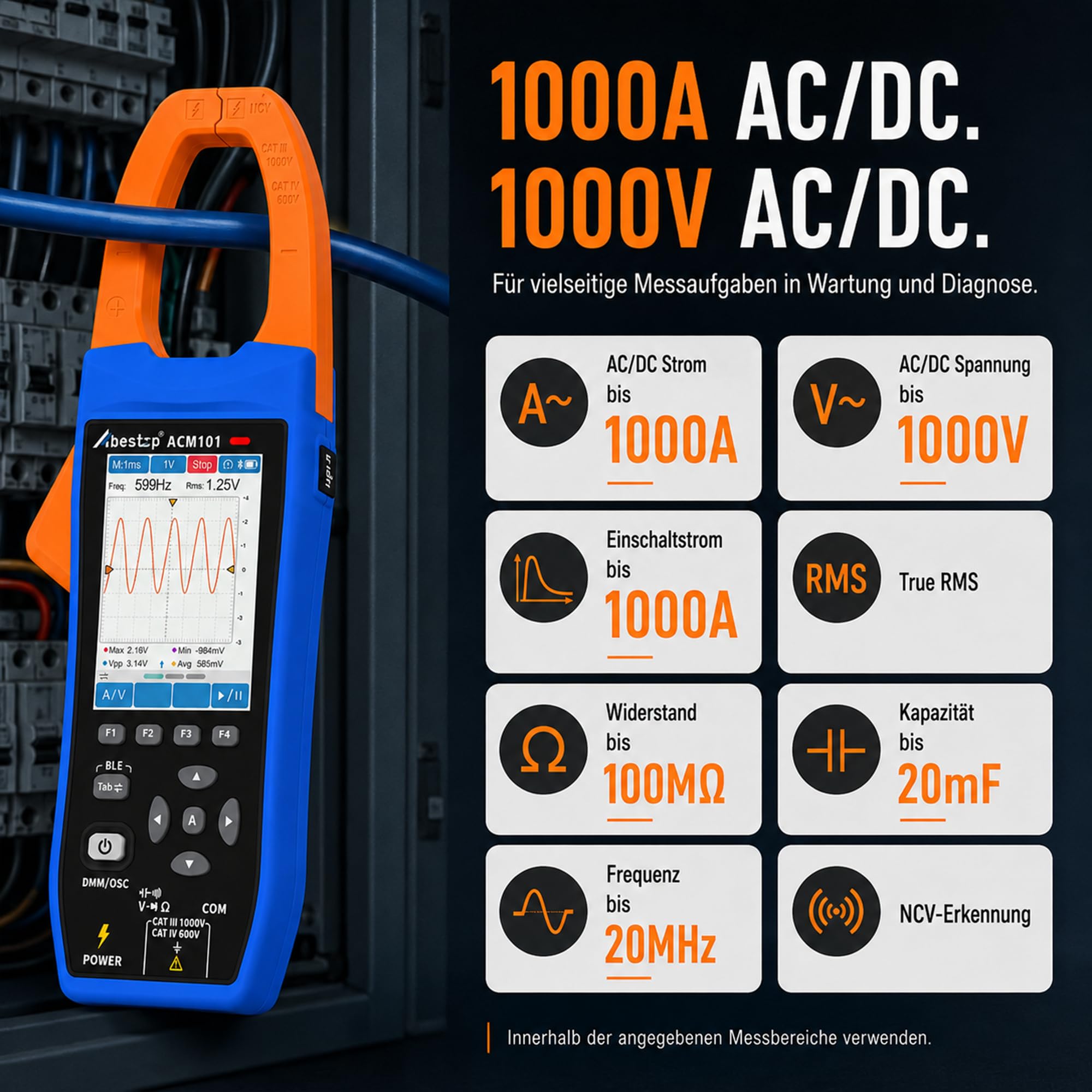 1000A AC/DC Pinza amperimétrica 1000A 1000V Pinza amperimétrica portátil Probador multifunción de alta precisión