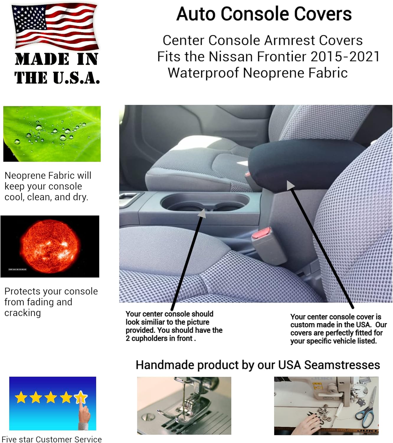 Auto Console Covers- Fits The Nissan Frontier 2015-2021 Center Console Armrest Cover Waterproof Neoprene Fabric (Gray)