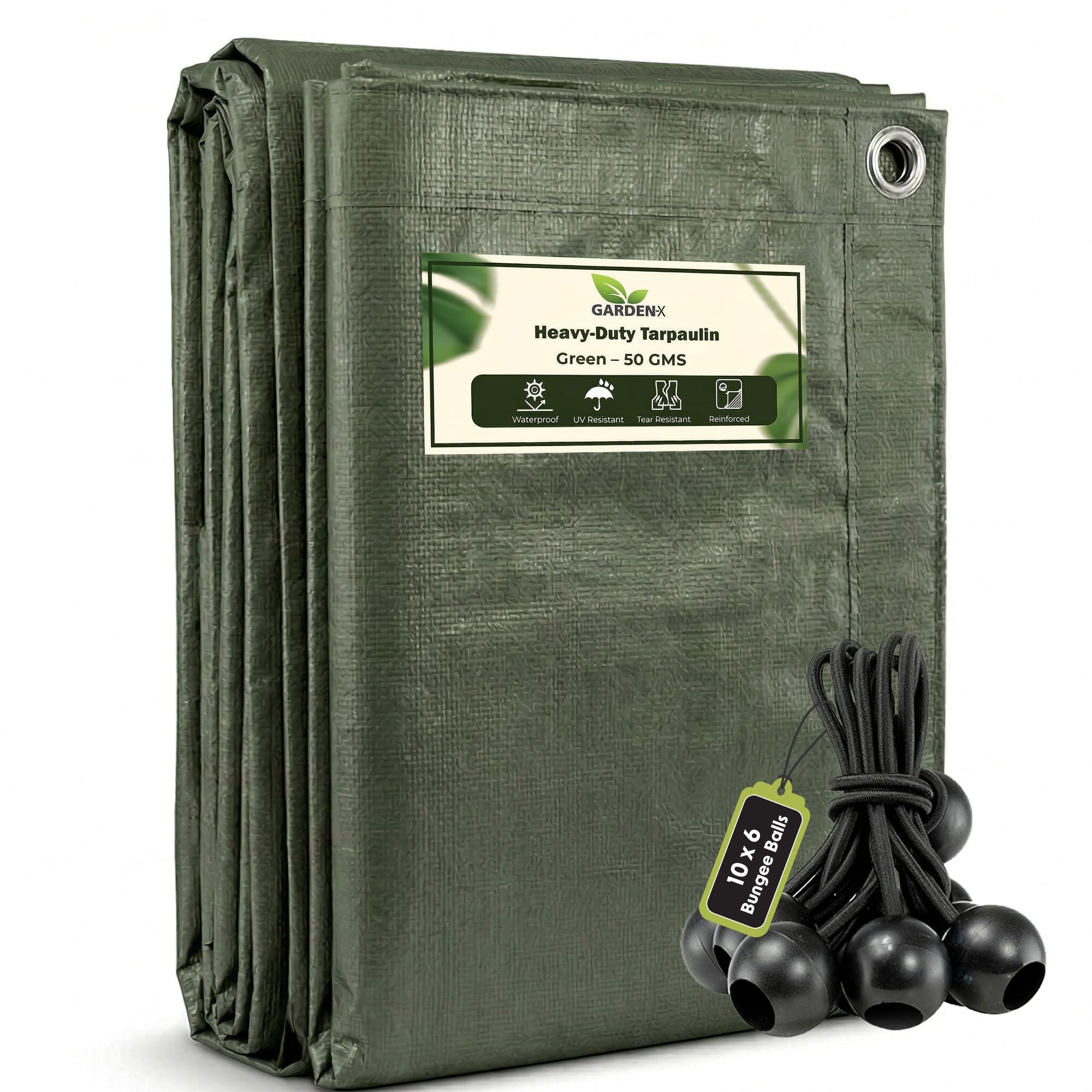 Gardenix Green + 10 X 6" Bungee Balls (Black) 6M X 8M Green Tarp 50Gsm Tarpaulin Waterproof Tarp Sheet Cover, Groundsheet, Multipurpose, Lightweight + 10 X 6" Bungee Balls (Black)