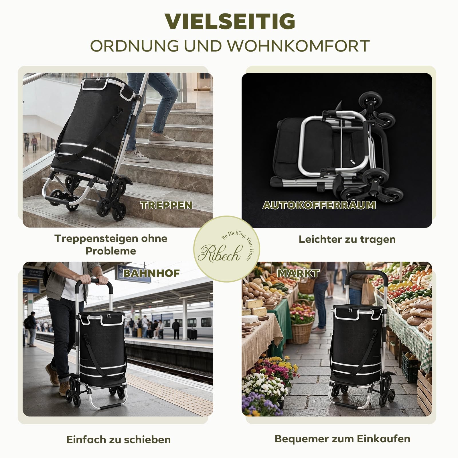 Treppensteiger Einkaufstrolley, 56L Faltbar, Wasserdicht, mit Kühlfach, Universalräder, 40kg Belastbarkeit, Schwarz
