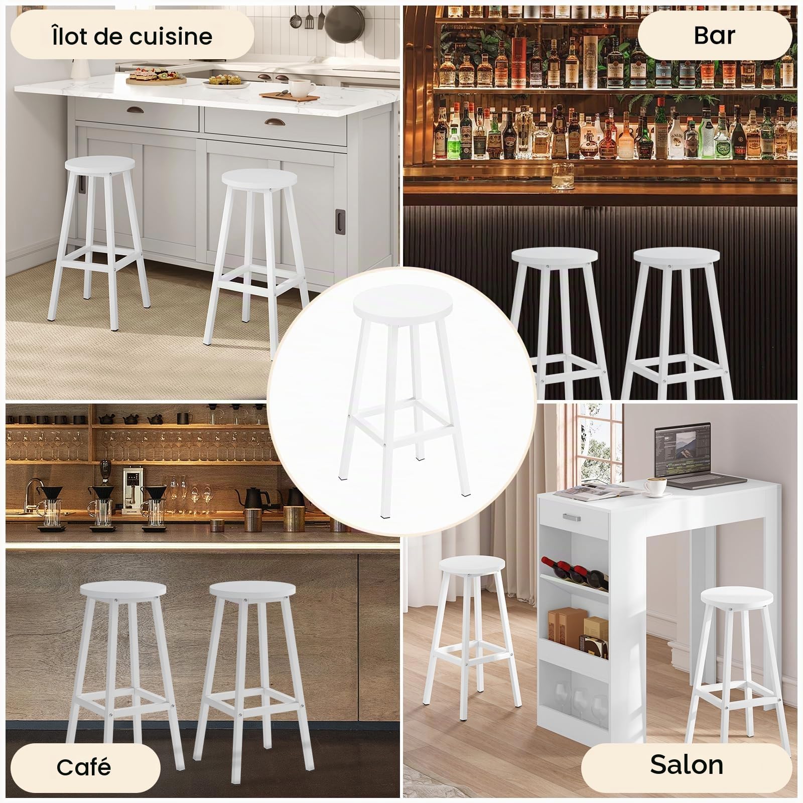 Tabouret de Bar Lot de 2, Haut 64.5cm, Blanc | Tabouret Fixe Haut, Chaise Haute Cuisine, Siège Rond en Bois d'Ingénierie, Structure Métallique, Repose-pieds