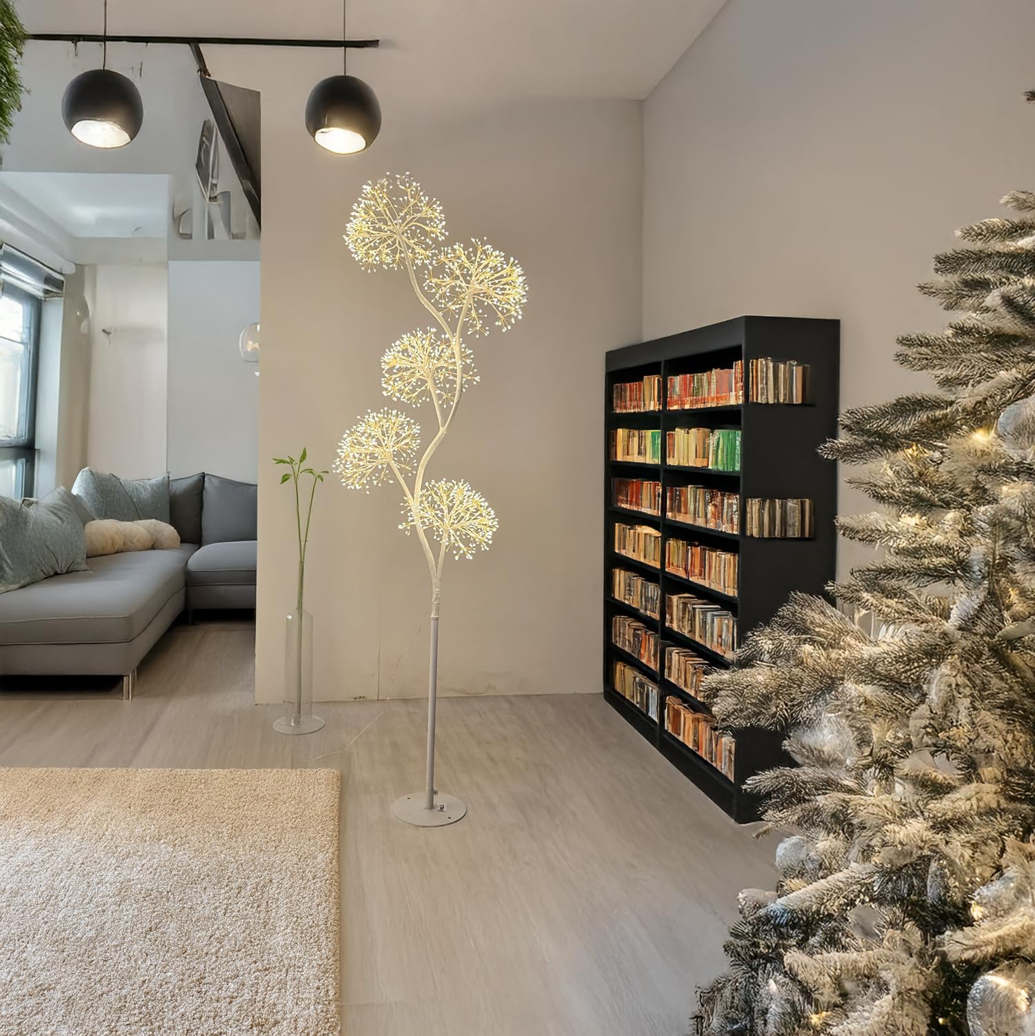 Magie di Natale Ramo di albero 5 sfere RICH con microled bianco caldo per uso interno (Marrone 120 cm)