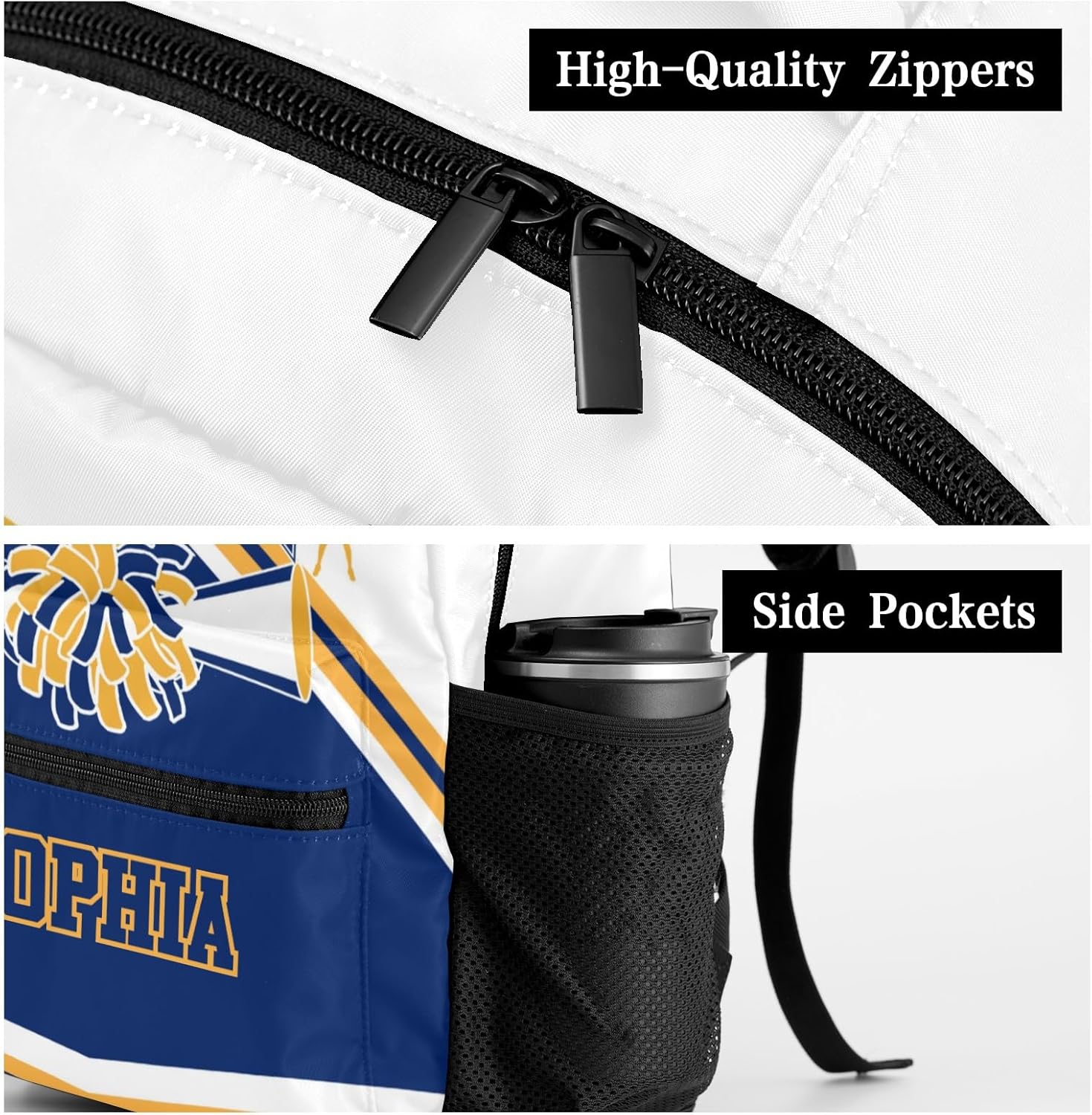 Custom Navy Blue Gold Cheerleader Personalized Causual Shoulder Bag Sports Leisure Camping Backpack for Women Men