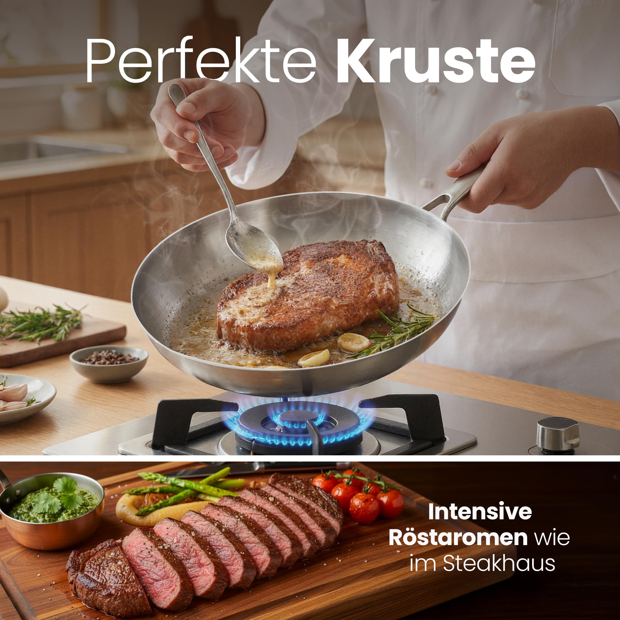 Edelstahlpfanne Unbeschichtet - Induktion - Profi Bratpfanne 24cm - Perfekt als Steakpfanne & Pastapfanne ohne Beschichtung - Brat- Universalpfanne frei von PFOA, PTFE & PFAS - Ofenfest