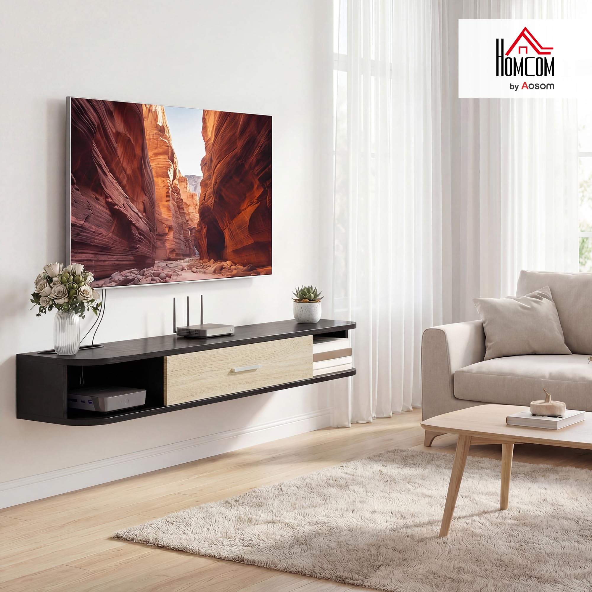 HOMCOM Meuble TV Suspendu 120 cm, Meuble télé pour téléviseur jusqu'à 50 Pouces avec Porte Rabattable, 2 Étagères Ouvertes et Passe-câbles, Banc TV Flottant pour Salon et Chambre, Noir et Chêne
