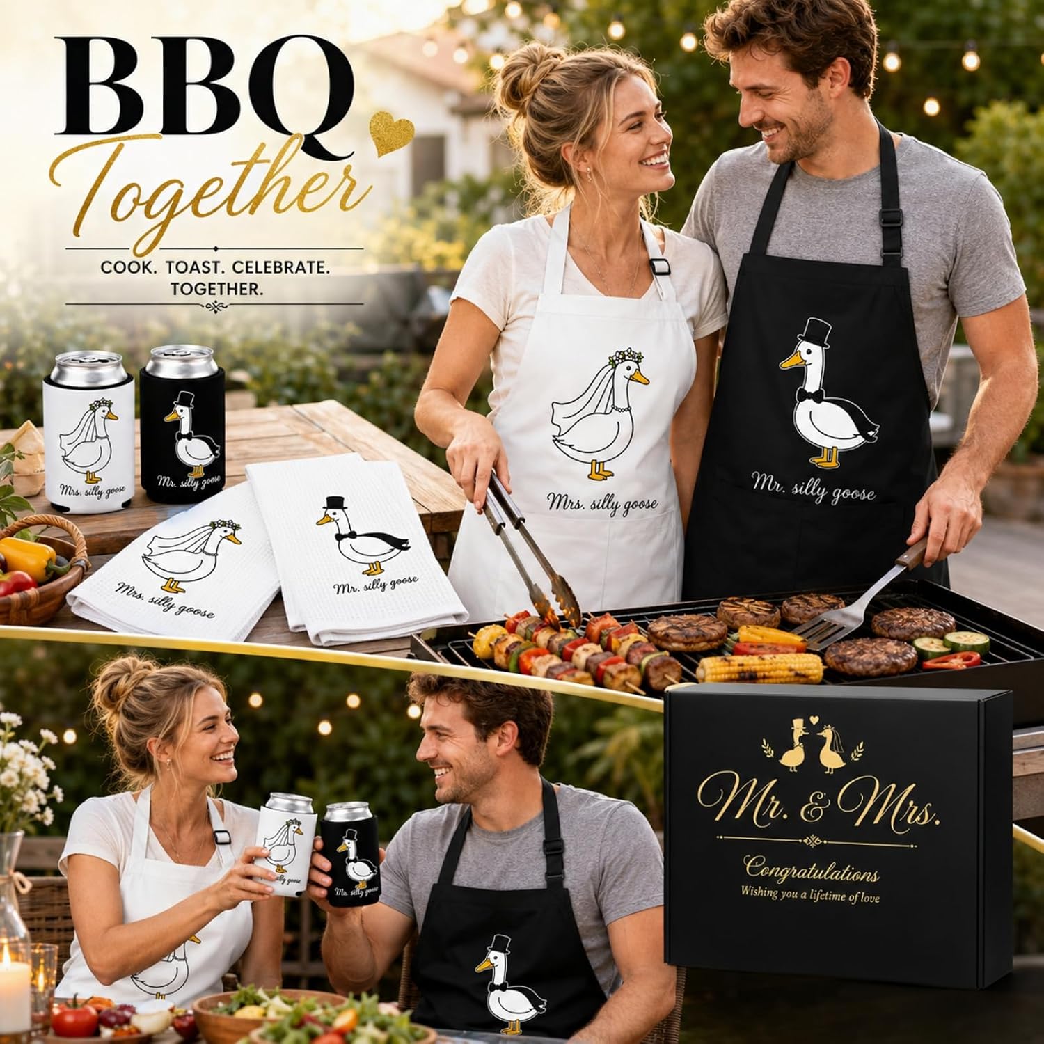 Funny Wedding Gifts for Couples, Mr and Mrs Silly Goose Gift Set for Newlyweds, Bridal Shower, Engagement, 2 Aprons/2 Kitchen Towels/2 Can Coolers