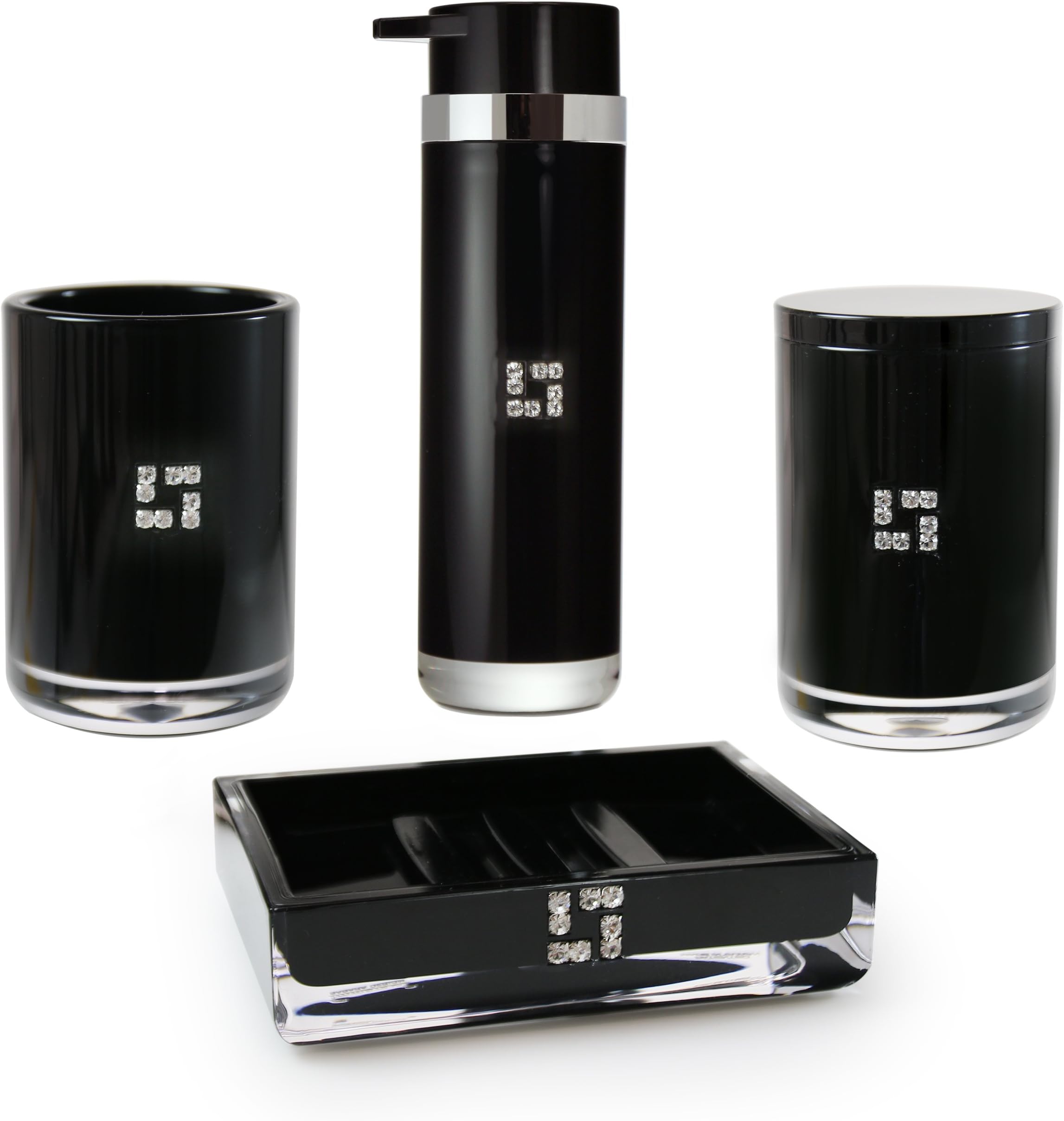 IMMANUEL Royal 4 Piece Black MS Acrylic Bathroom Accessories Set, Crystal Embellishments