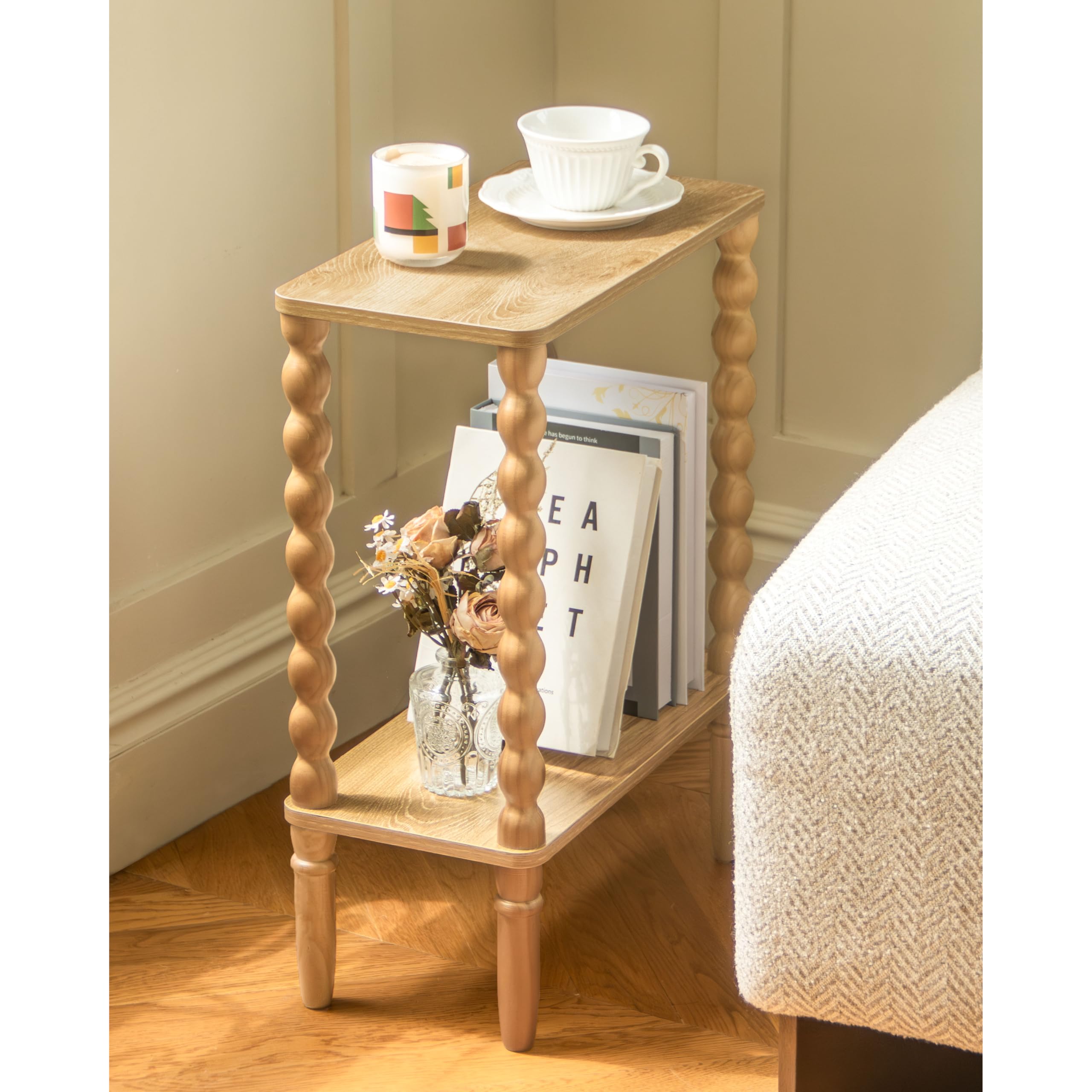 Photo 1 of Fultyle Narrow End Table, Small Narrow Side Table with 2-Tier Storage, Skinny Bedside Table Nightstand for Narrow Spaces, Living Room, Bedroom (Rustic Walnut)