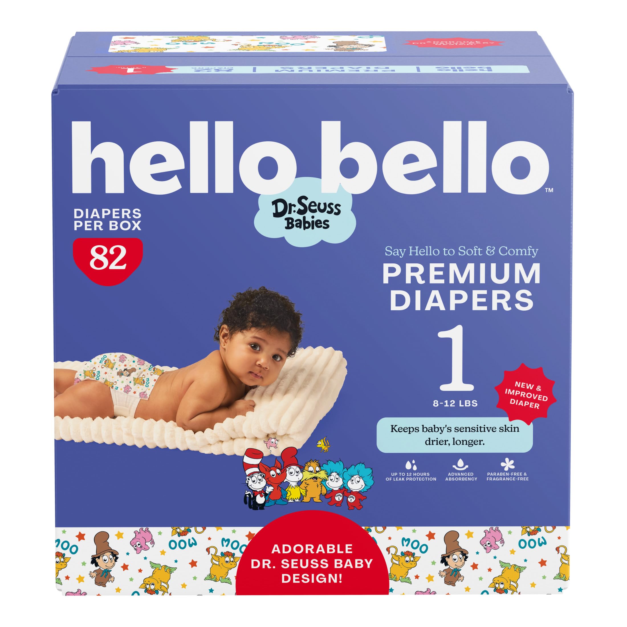 Hello Bello Dr. Seuss Babies Premium Diapers, Size 1, 82 Count: Softness &amp; Protection for Sensitive Skin
