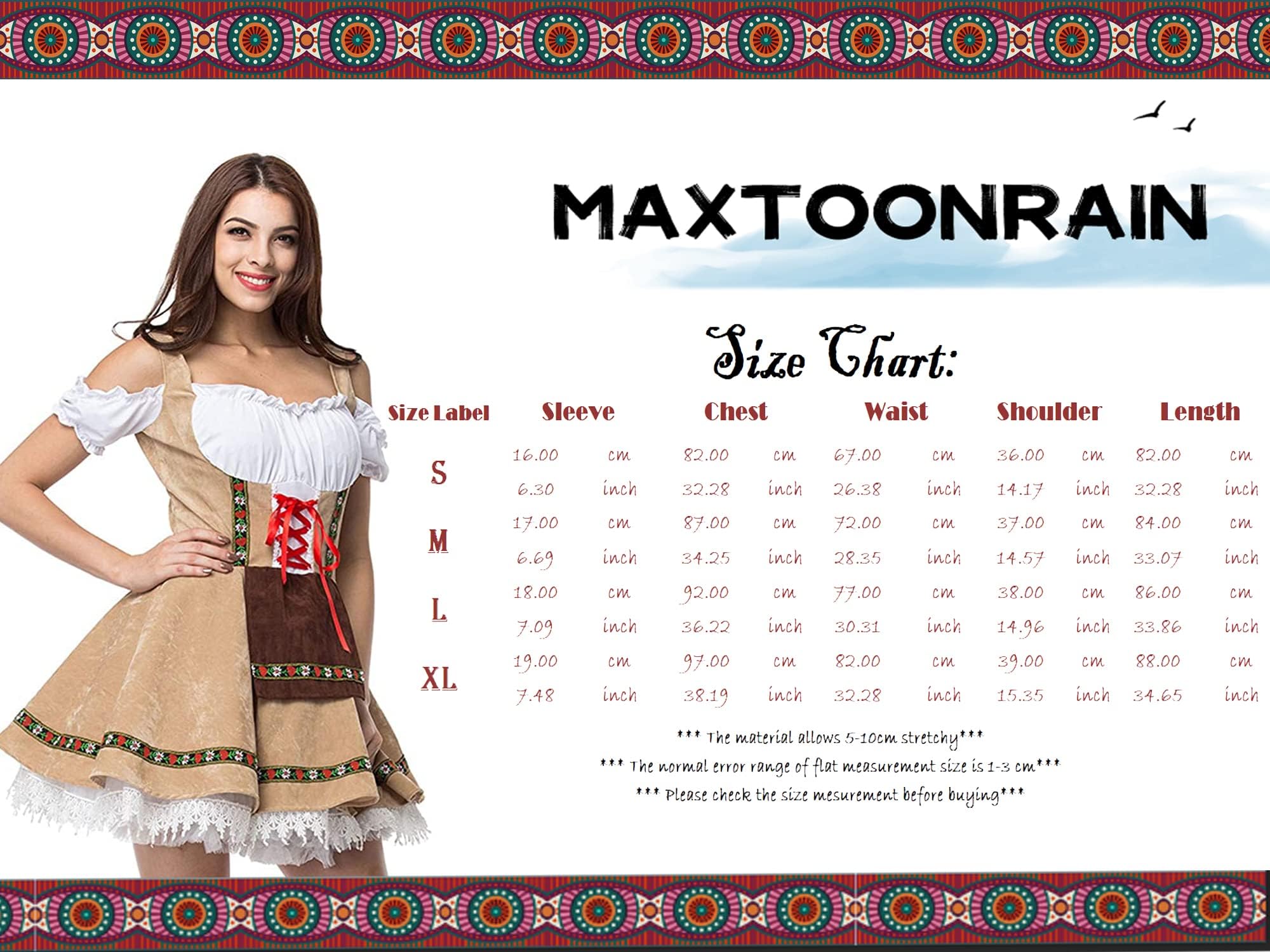 maxToonrain Oktoberfest Outfit Women Blue,Women's German Beer Bavarnian Traditional Short Sleeve Off Shoulders Halloween Costume Fancy Dress for Womens(Blue M) - Image 2