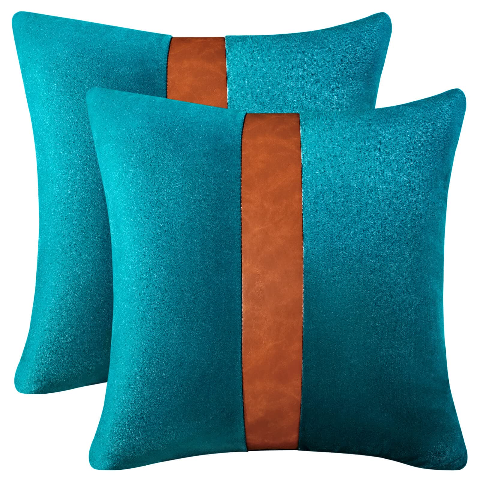AmHoo Pack of 2 Patchwork Velvet Throw Pillow Covers Brown Faux Leather Decorative Set Case Cushion for Couch Sofa Bedroom 18 x 18-Inch Teal