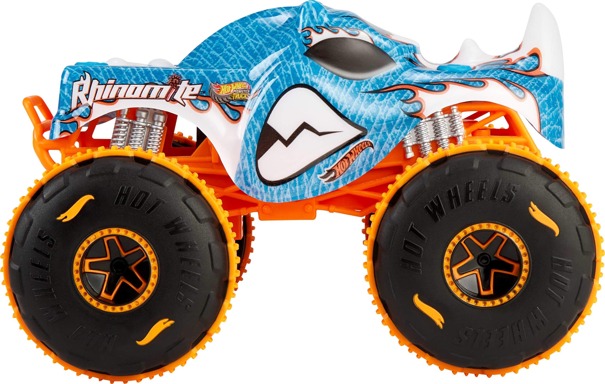 Hot Wheels Monster Trucks - Rhinomite R/C, camion radiocomandato in scala 1:24, con pneumatici Grip Action adatti a tutti i tipi di terreno e portata di 30 metri, 4+ anni, JBK11