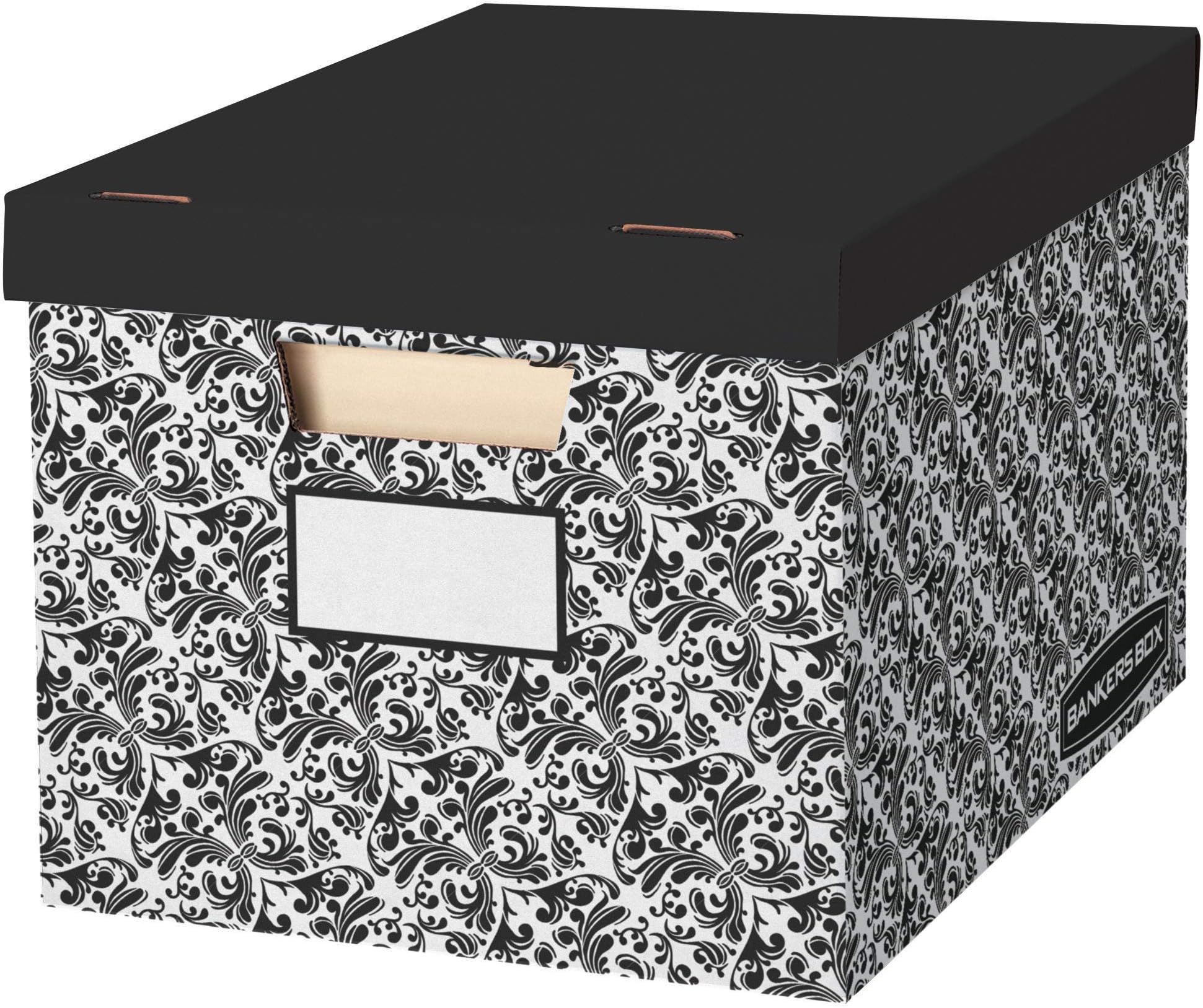 Bankers Box 10 Pack STOR/FILE Decorative Medium-Duty File Storage Boxes, FastFold, Lift-Off Lid, Letter/Legal, Black/White Brocade