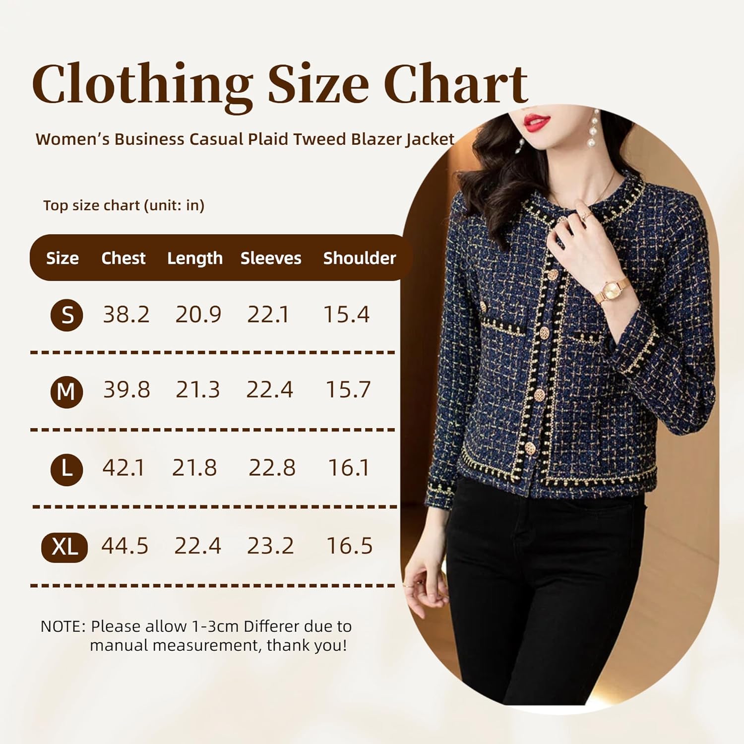 Women's Elegant Tweed Blazer Jacket - Spring/Fall Long Sleeve Round Neck Business Casual Short Coat
