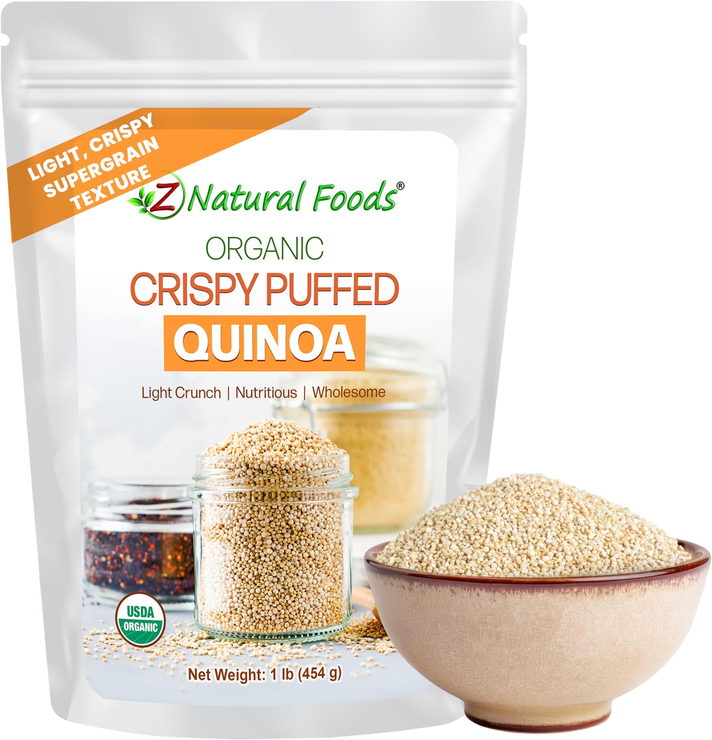 Z Natural Foods Organic Crispy Puffed Quinoa - Real Crisped Vegan Superfood Healthy Crisps Snacks For Adults & Kids Puffs Baking, Snacks, Yogurts, Gluten-Free, 1 Lb