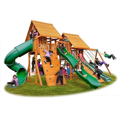 Eastern Jungle Gym Fantasy #3 with Double Tower, Bridge, Huge Rock Wall, Wave Slide, Picnic Table, Swings and Swing Set Accessories - #3