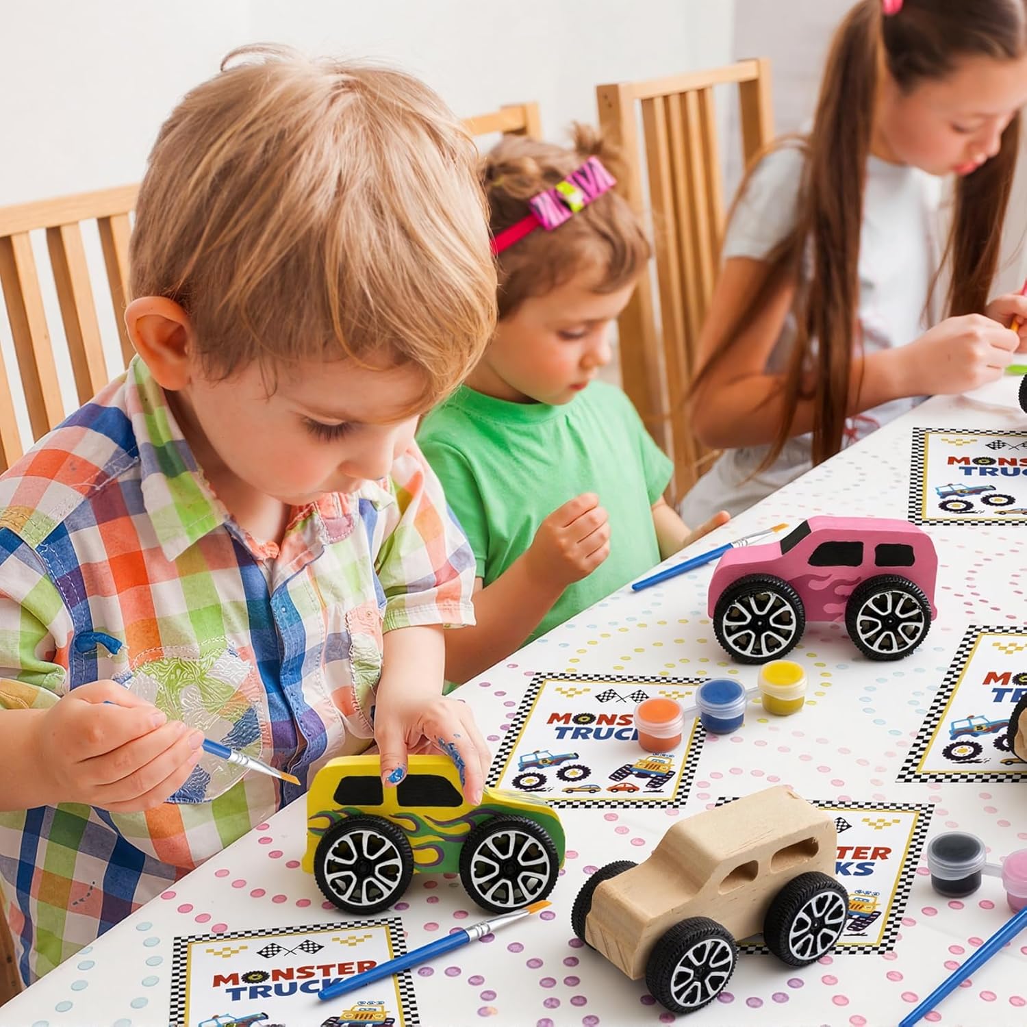 12 PCS Monster Truck Party Favors & DIY Craft Kit - Unfinished Wooden Truck Painting Set with Bubble Wands, Paints, Brushes & Cards - Birthday Party Favors for Kids, Boys & Girls, Classroom Rewards - Image 7