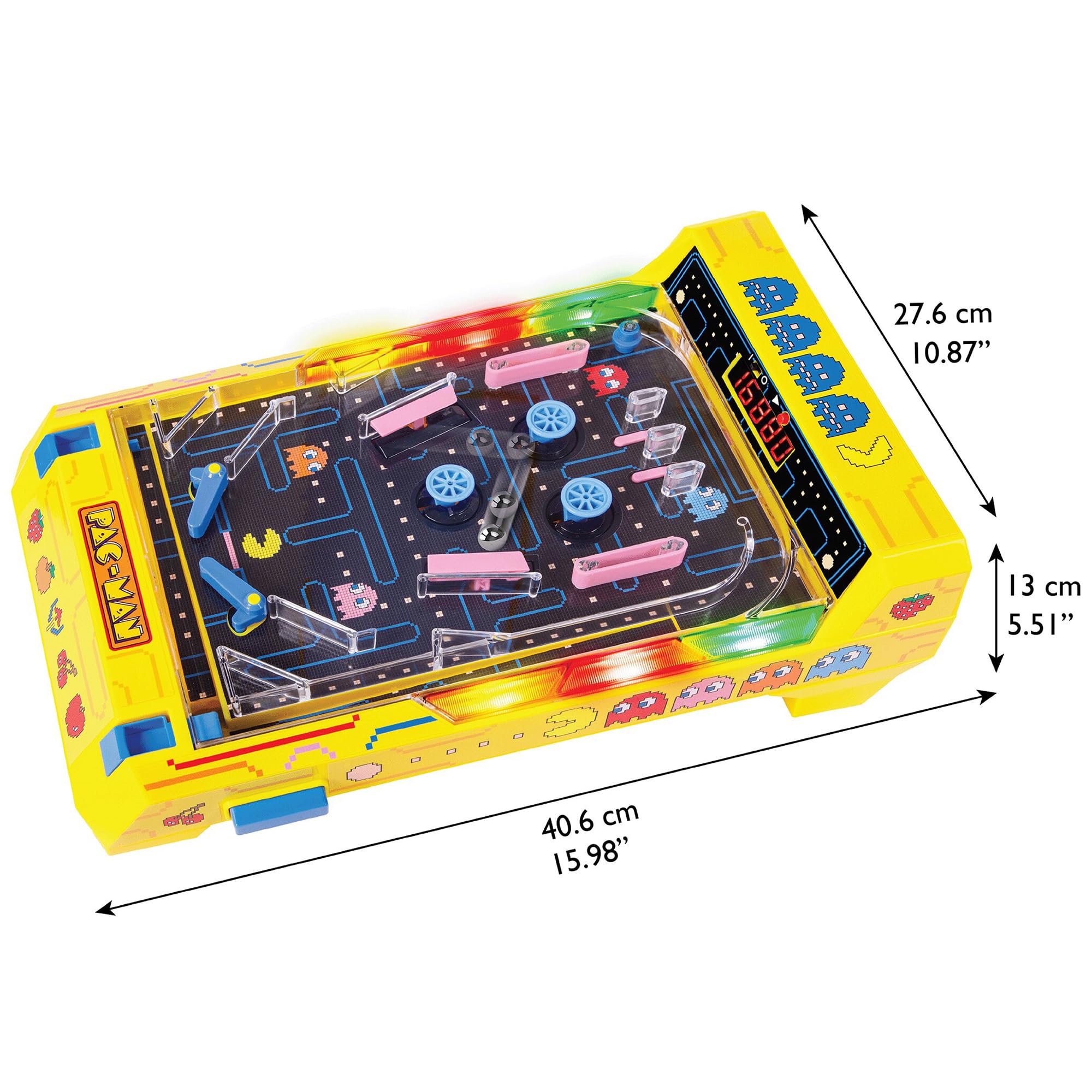 Pinball Electronico Arcade Pac-Man Edition Flipper Retro de Escritorio | Diseño retro Pac-Man oficial, marcador electrónico digital, efectos de sonido y luces, ideal como pinball adultos y niños