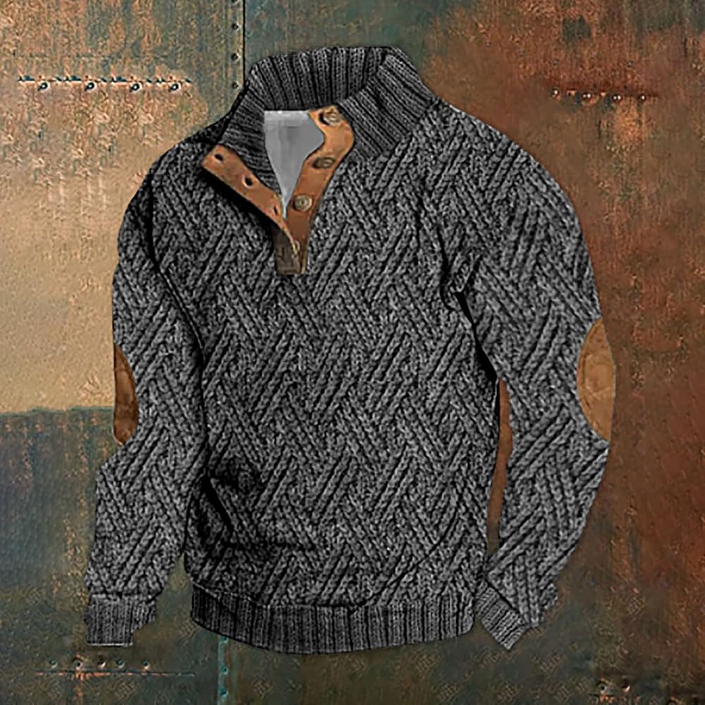 Pull Homme Hiver Épais Tricot Torsadé – Sweat Boutonné Col Haut Avec Renforts Coudes – Doux & Chaud Automne/Hiver