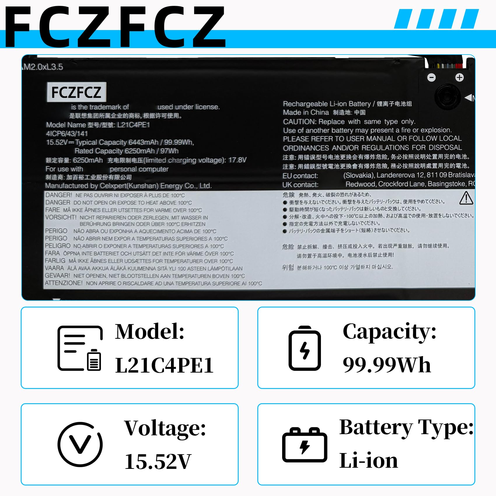 Amazon.com: FCZFCZ L21C4PE1 Battery 99.99Wh Replacement for Lenovo