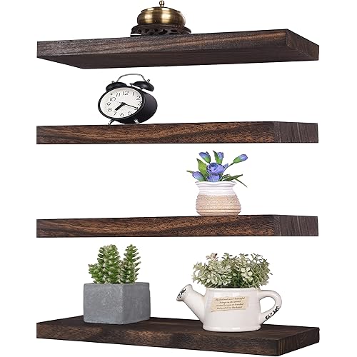 HXSWY Rustic Wood Floating Shelves for Wall Decor Farmhouse Wooden Wall Shelf for Bathroom Kitchen Bedroom Living Room Set of 4 Brown