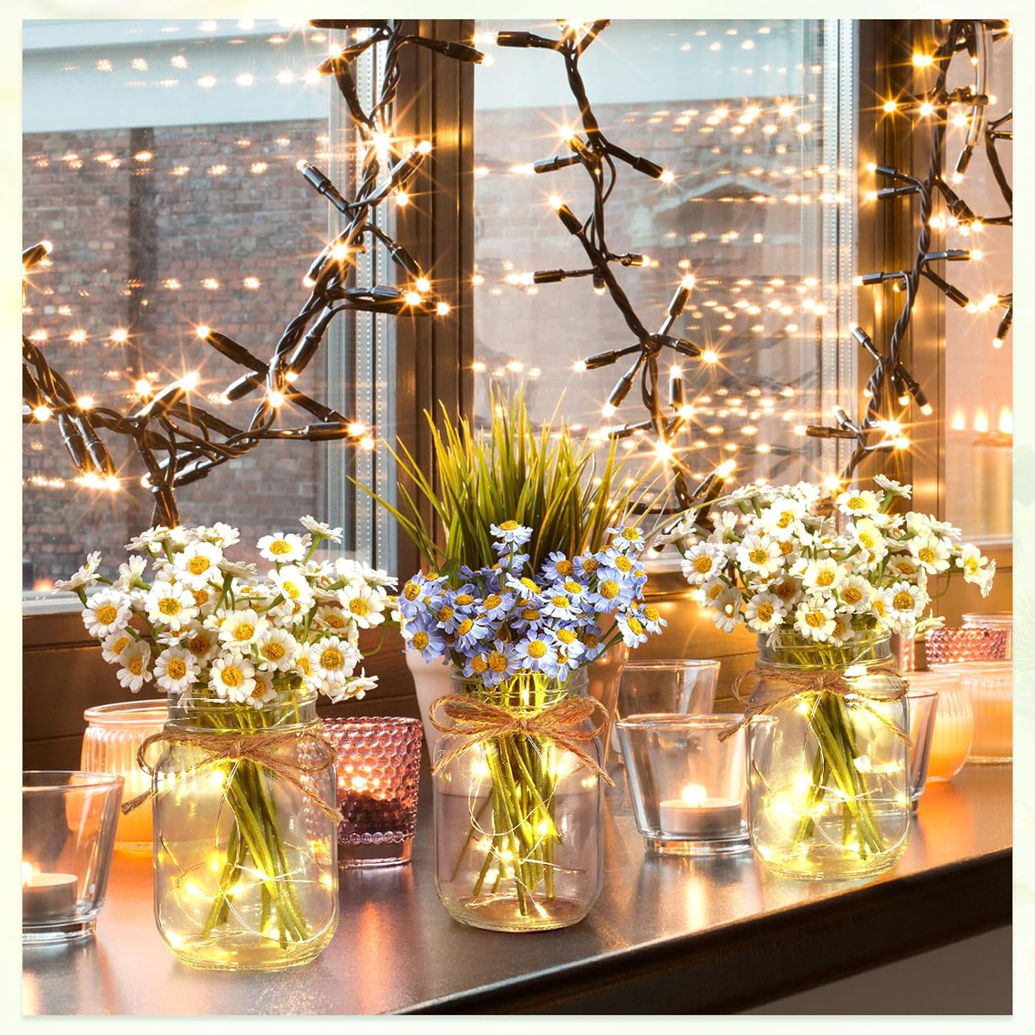 Chunful 12 Pcs Glass Mason Jar with LED Lights for Table Centerpiece Decorations Set Clear Rustic Farmhouse Coffee Table Decor with LED Lights for Wedding Dining Room Kitchen Decor (Warm Light)