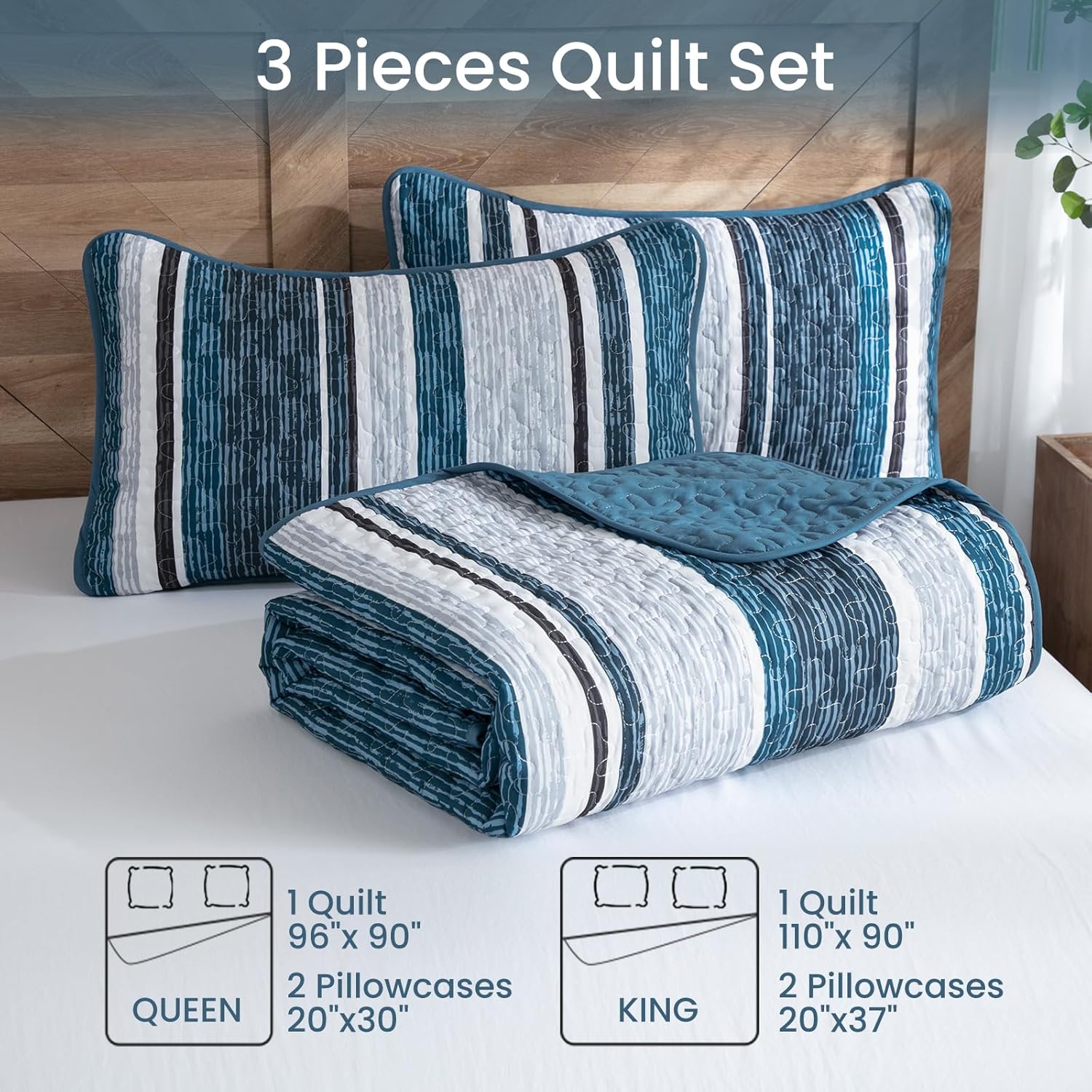 DJY Queen Quilt Set, Boho Navy Blue Striped Bedspread Coverlet Set, 3 Pieces Soft Lightweight Farmhouse Summer Quilt Bedding Set for All Season (96"x90")