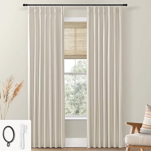 SHINELAND Oatmeal Beige Linen Blackout Curtains 108 Inches Long, Pinch Pleated Custom Curtains for Windows