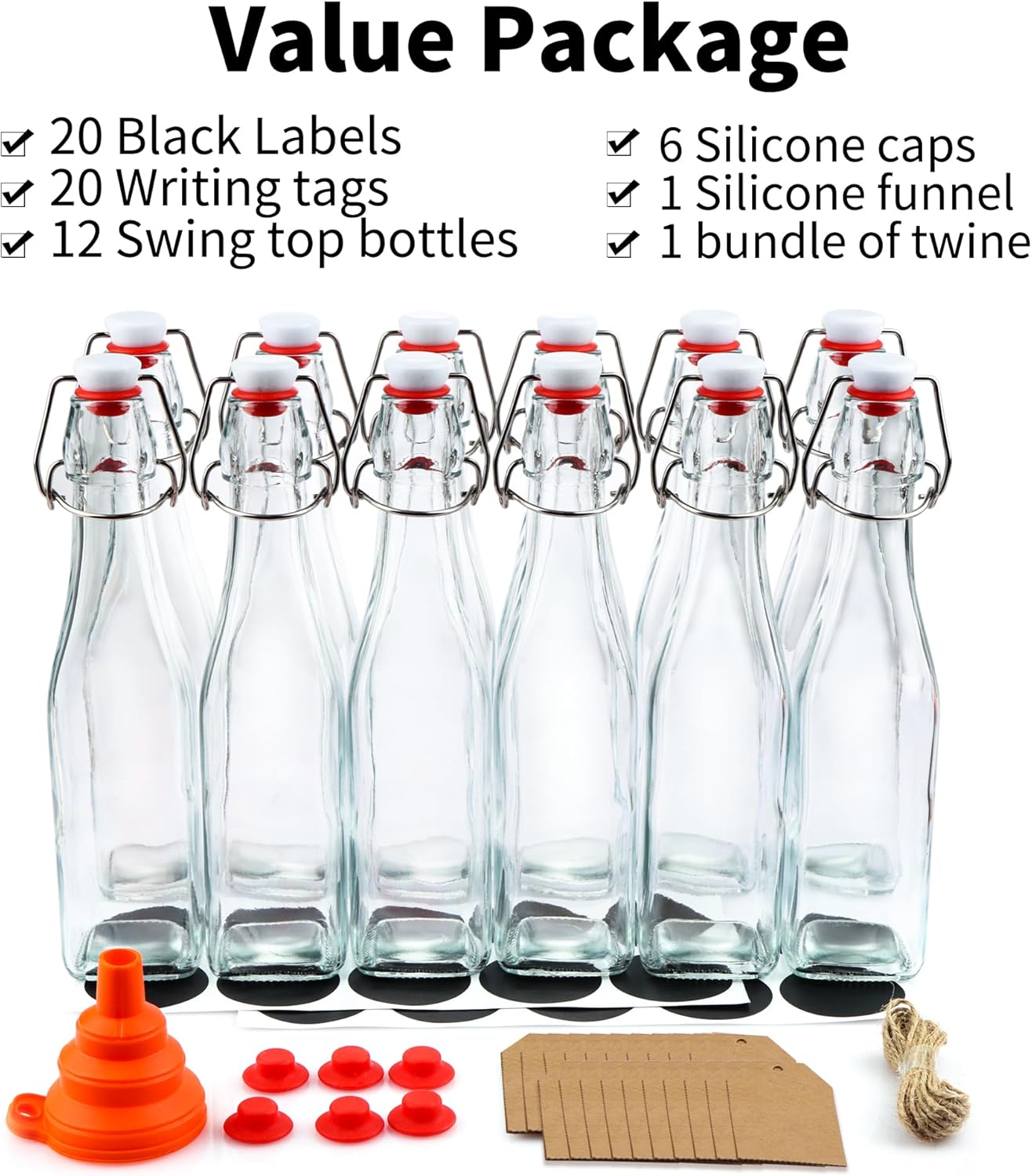 12 Pack 12oz Swing Top Glass Bottles, 375ML Square Bottles with Airtight Stoppers for Kombucha, Kefir, Vanilla Extract, Beer(Bonus Gaskets, Labels and Funnel) - Image 4