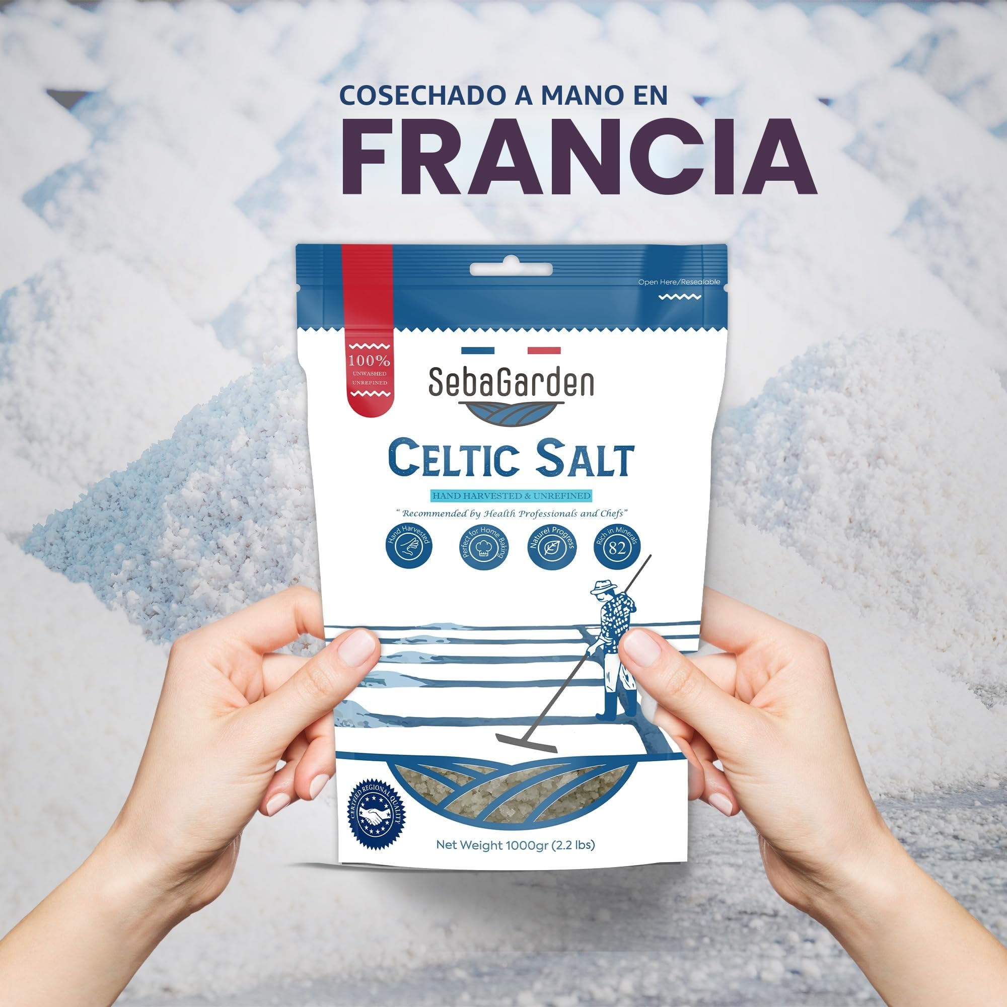Seba Garden - Bolsa resellable de 1 kg de sal marina celta gris certificada orgánica, cosechada a mano, contiene más de 82 minerales esenciales