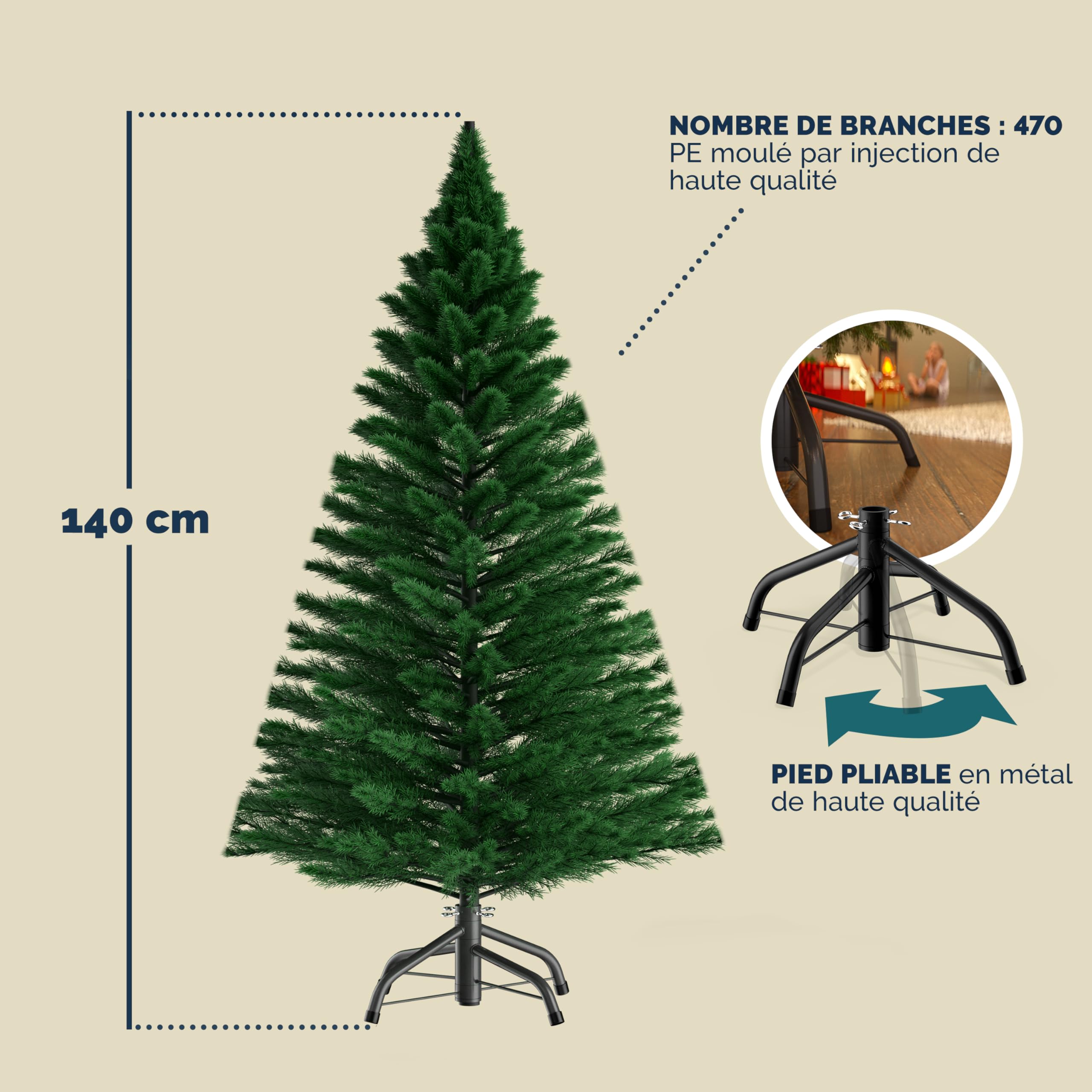 CASARIA® Sapin de Noël Artificiel 140 cm Vert Pied métal 470 Branches PE Imitation Parfaite décoration de noël fêtes Arbre de noël réutilisable
